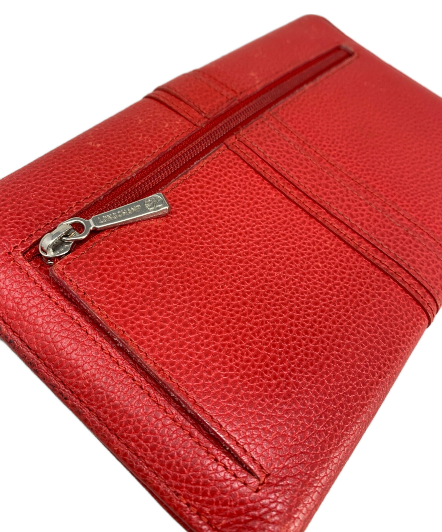 LONGCHAMP 長財布 赤 ストライプ　(タニアさん専用) 中古・古着通販】LONGCHAMP (ロンシャン) LONGCHAMP 3つ折り財布