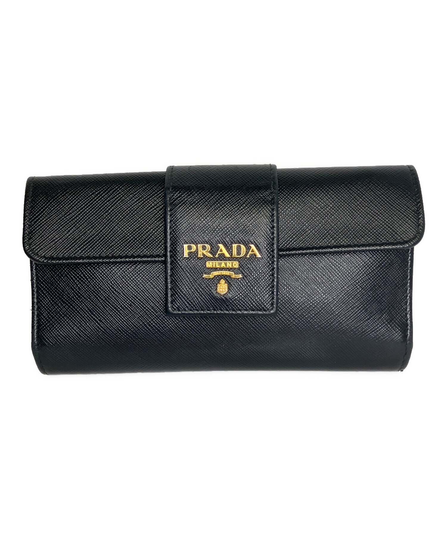 【未使用品級】PRADA 長財布　シボ革　ゴールド金具　ブラック　ゴールド 中古・古着通販】PRADA (プラダ) 長財布 ブラック｜ブランド・古着通販