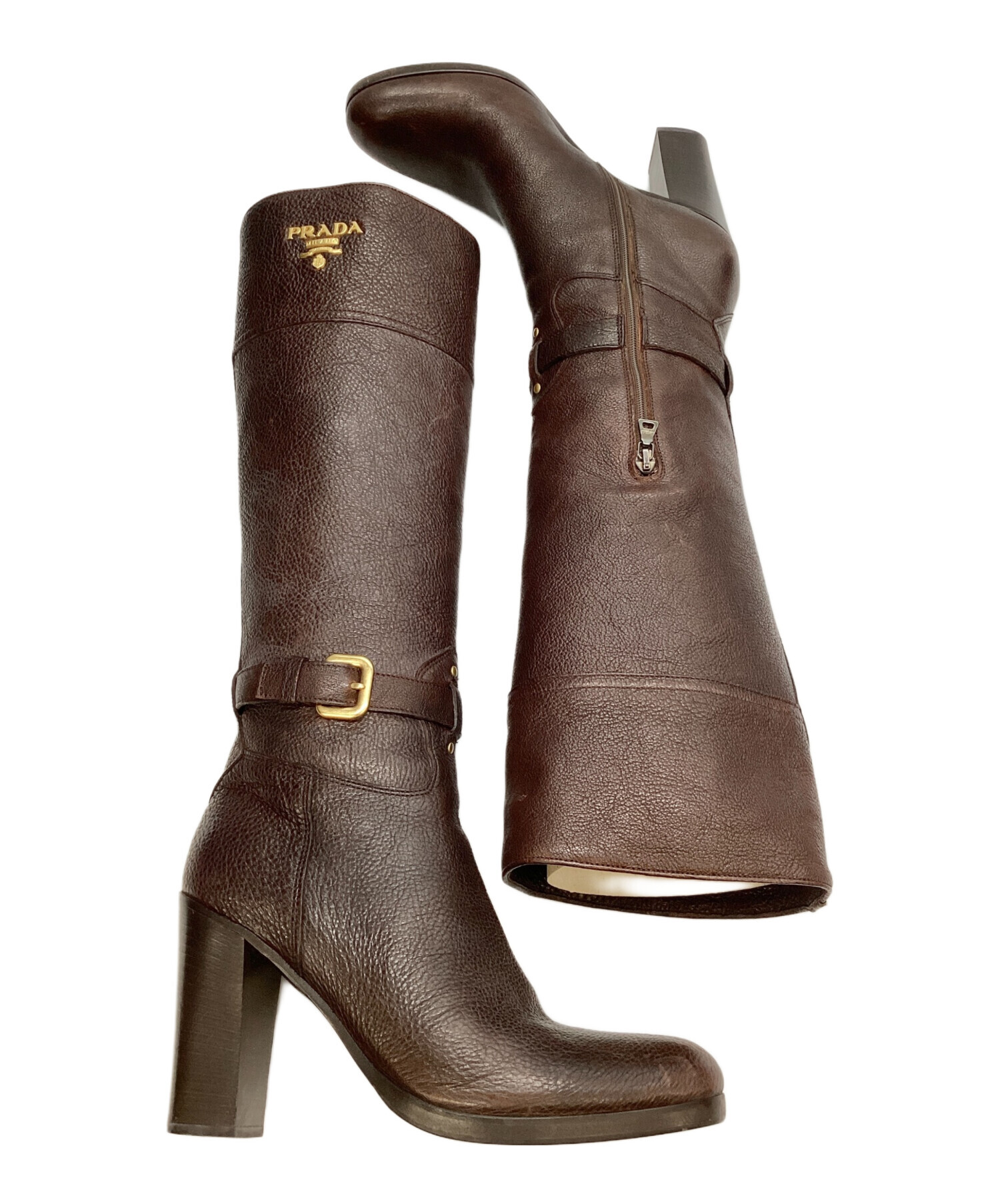 PRADA プラダ ブラウンレザー ロングブーツ ジッパー付き