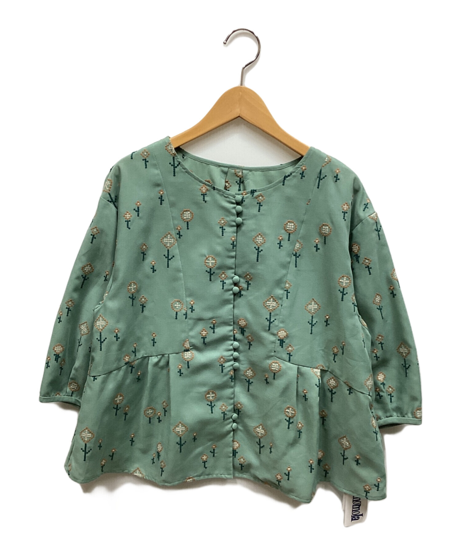 未使用 JOCOMOMOLA ホコモモラ ジビラ フリル 切替 Tシャツ カットソー シャツ プルオーバー 半袖 40 緑系 レディース 古着 中古 USED Tejido ドッキングスタンドカラーブラウス(ブラウス・シャツ