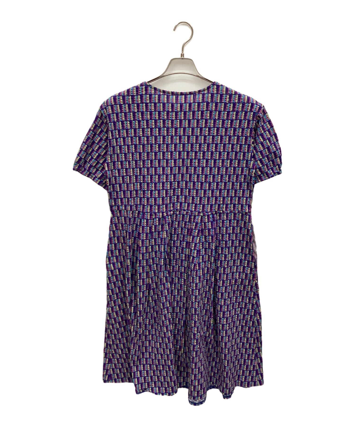 【希少】＊ホコモモラ＊紫と青系の幾何学ストライプ模様　半袖ワンピース 希少】＊ホコモモラ＊紫と青系の幾何学ストライプ模様 半袖ワンピース