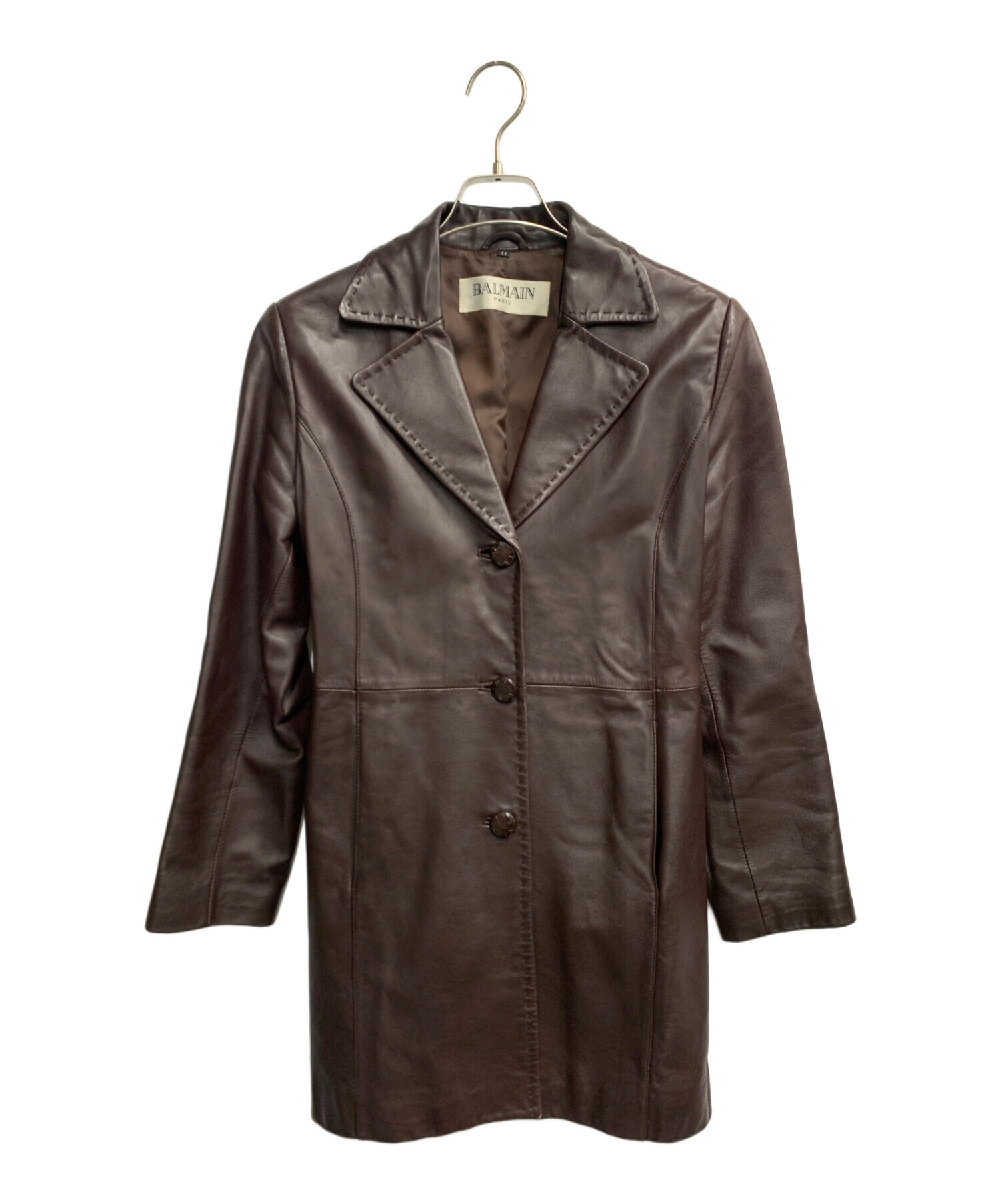 BALMAIN バルマン ラムレザー コート ブラウン 茶 総柄 比翼 9号 M 中古・古着通販】BALMAIN (バルマン) レザーコート ブラウン サイズ:11