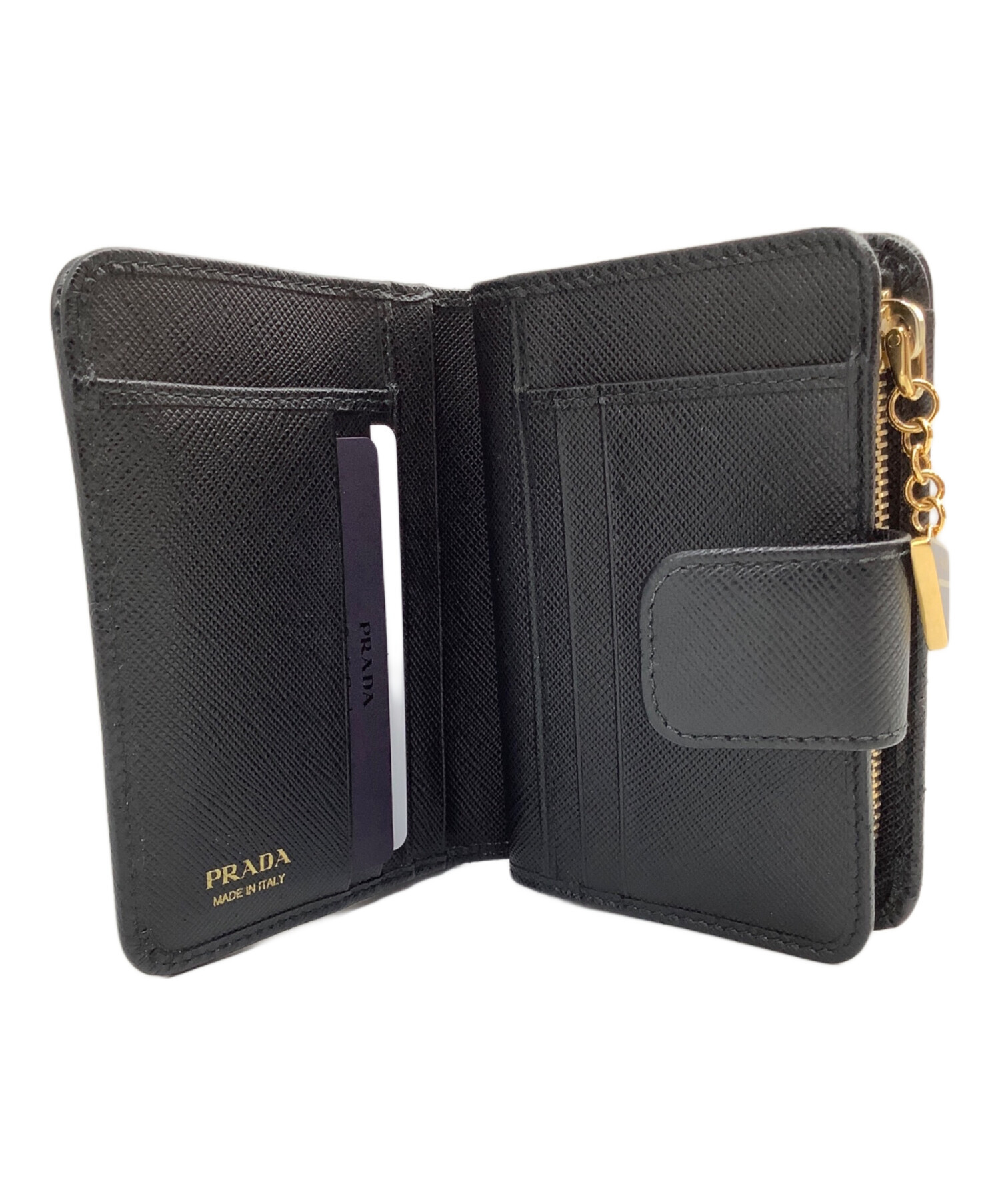 【中古】PRADA ブラック レザー 二つ折り財布 中古・古着通販】PRADA (プラダ) 2つ折り財布 ブラック｜ブランド