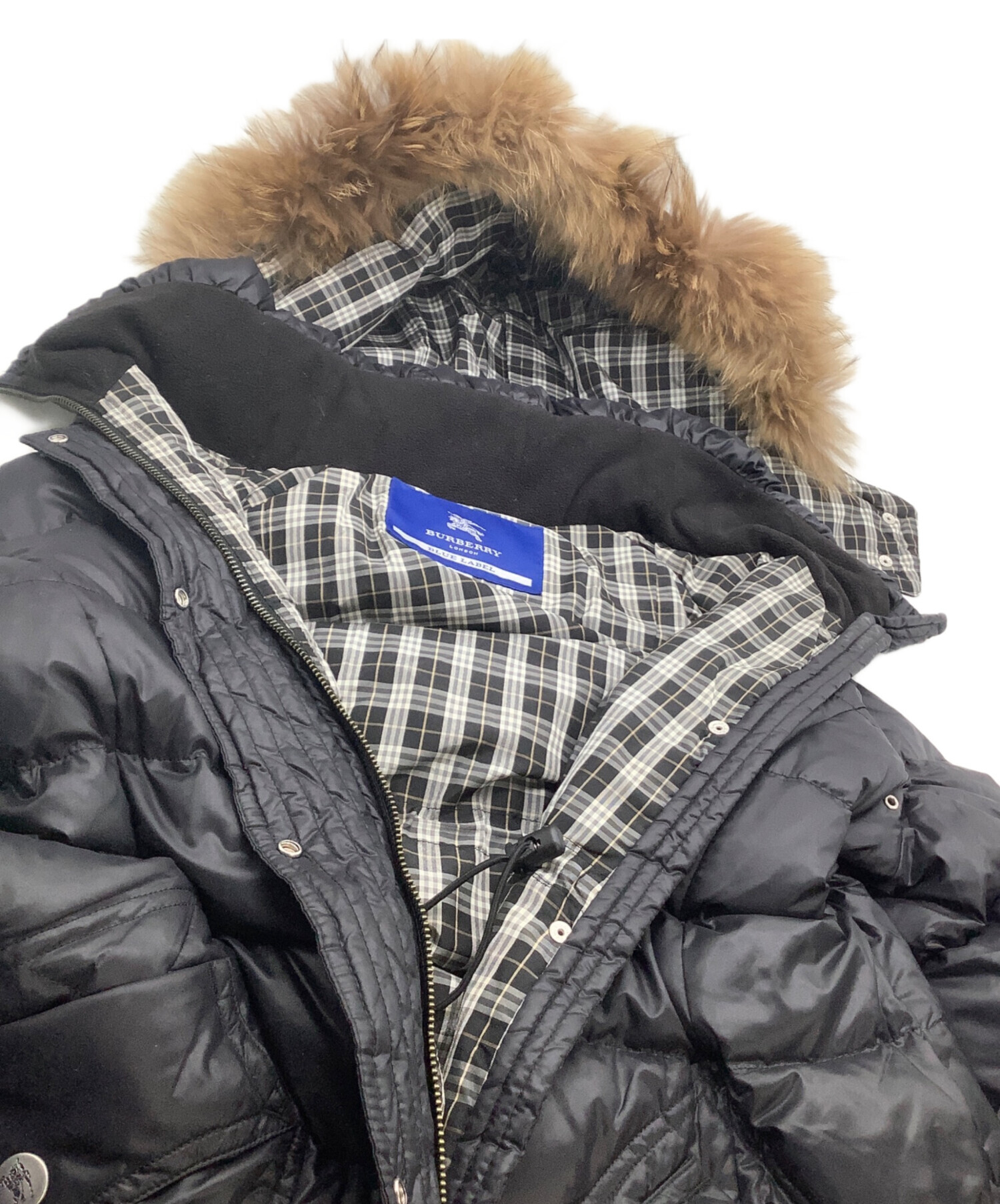 BURBERRY BLUE LABEL ファー付き ダウンコート チェック 40 BURBERRY