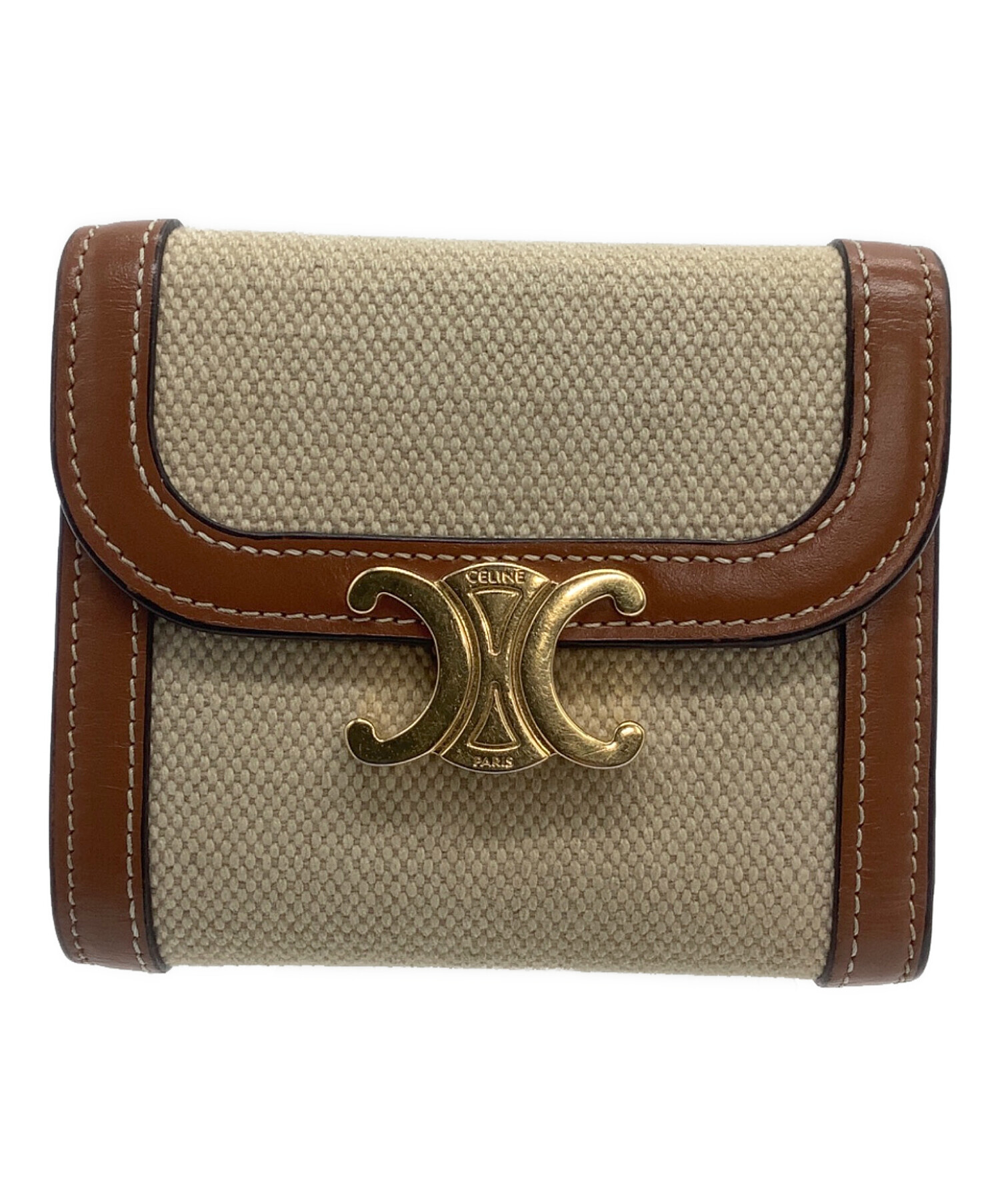 CELINE 三つ折り財布 ベージュ/ブラウン 中古・古着通販】CELINE (セリーヌ) 3つ折り財布 スモール フラップ