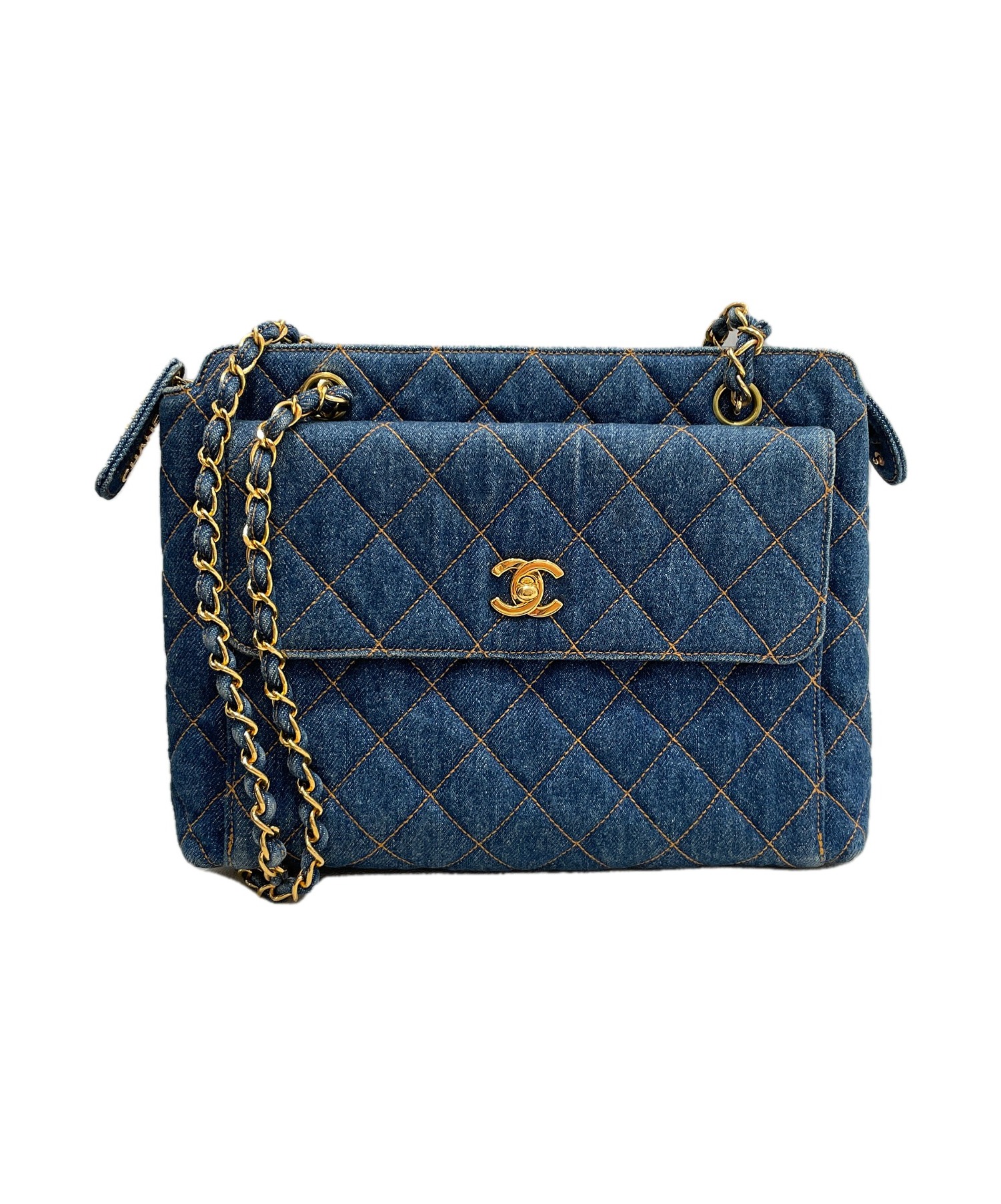 CHANEL ショルダーバッグ ネイビー デニム 中古・古着通販】CHANEL (シャネル) デニムチェーンショルダーバッグ