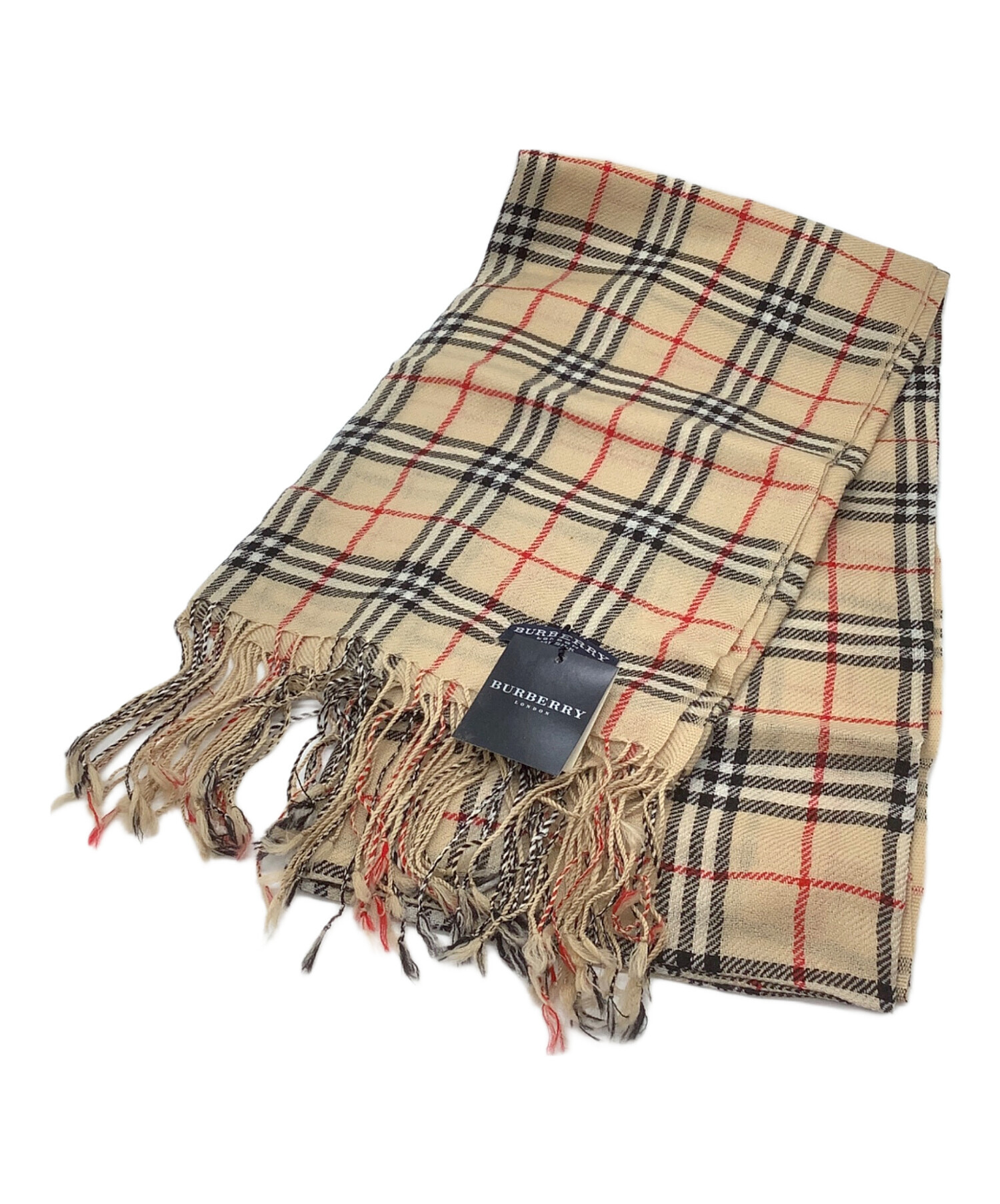 BURBERRY LONDON ENGLAND(バーバリーロンドンイングランド) ストール(ショール)美品  - アイボリー×ベージュ TBモノグラム/フリンジ ウール、カシミヤ、レザー BURBERRY LONDON ENGLAND(バーバリーロンドンイングランド) ストール