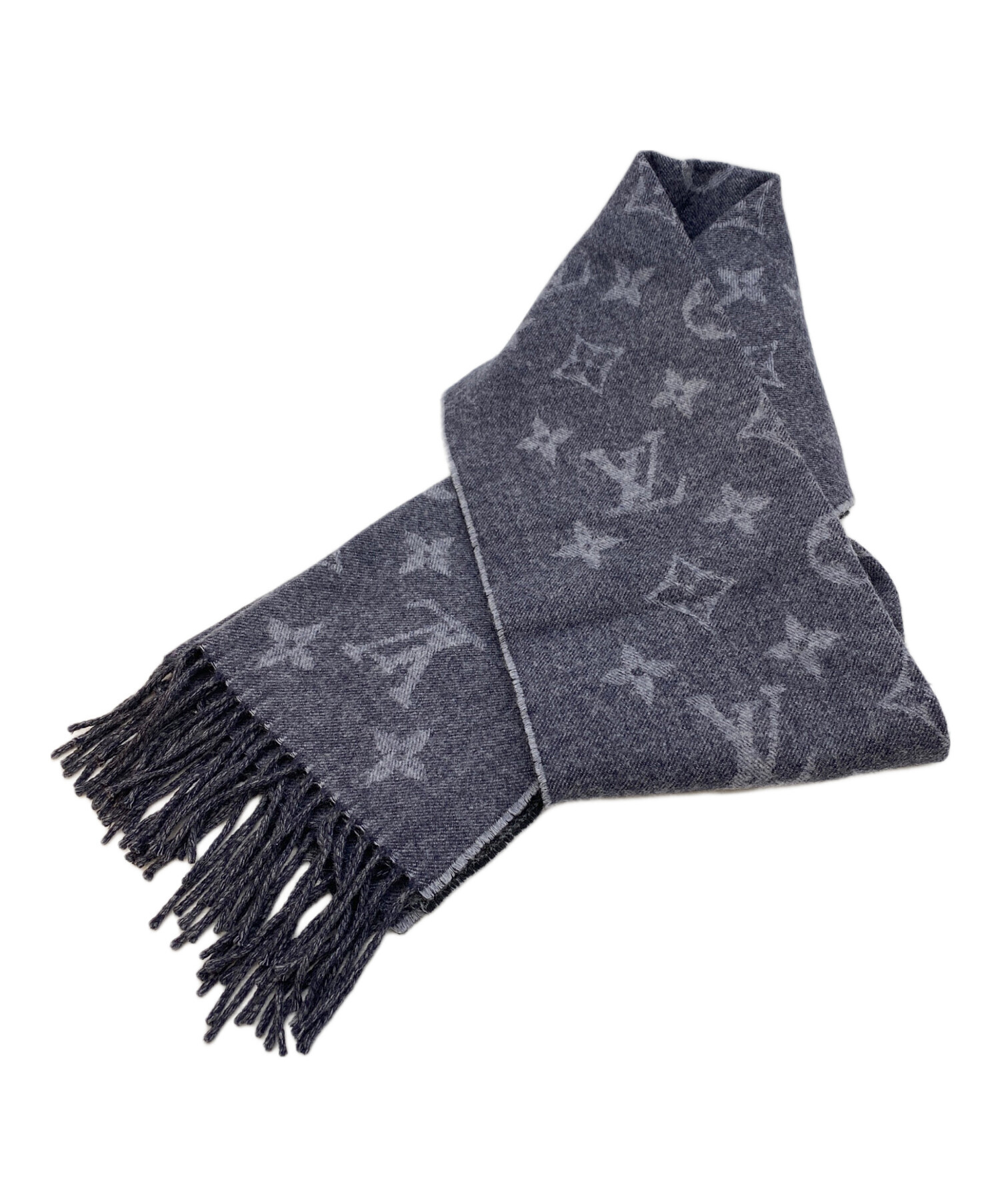 LOUIS VUITTON マフラー グレー/ブラック 中古・古着通販】LOUIS VUITTON (ルイ ヴィトン) マフラー グレー