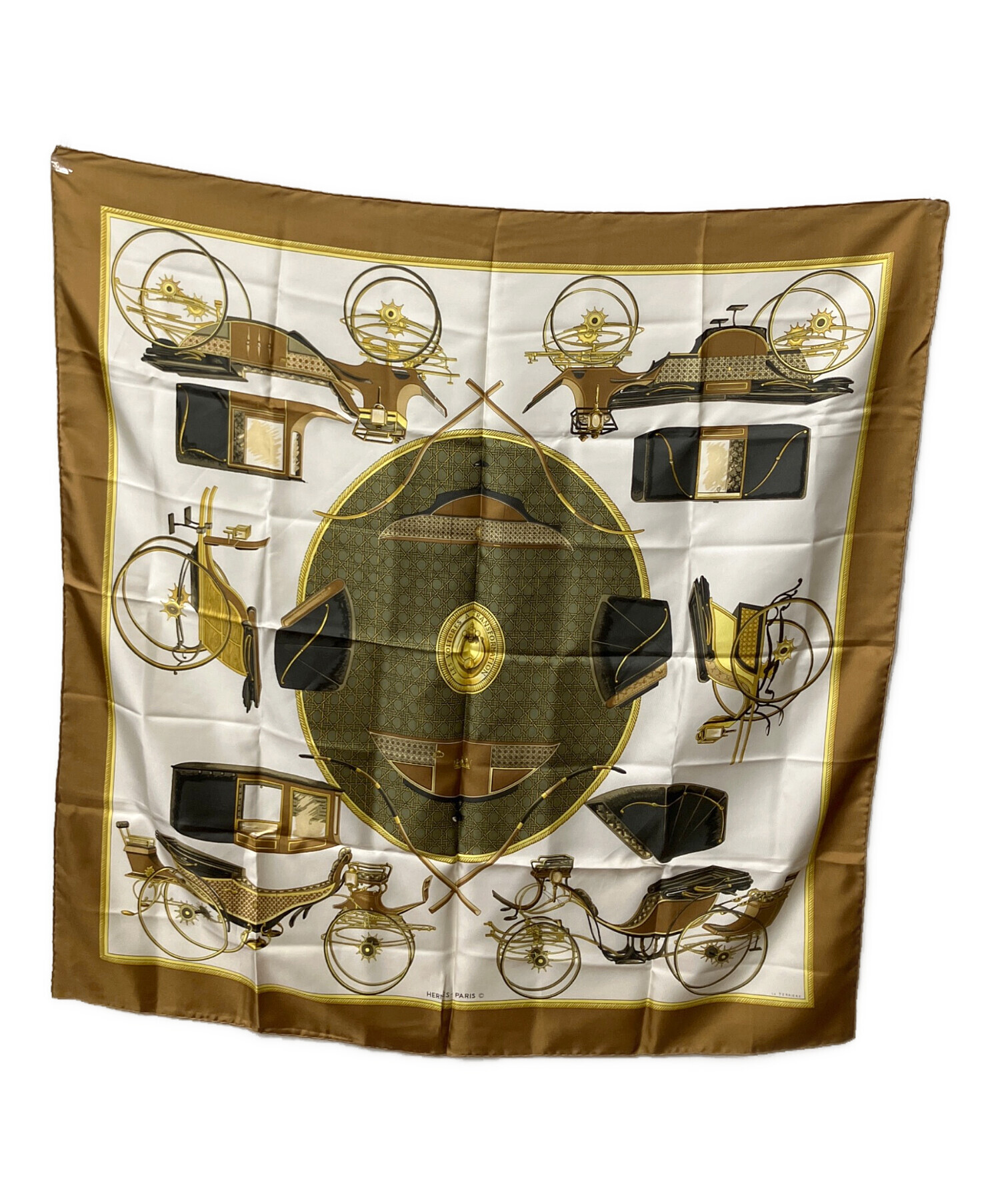 HERMES エルメス/折畳み式幌の馬車 カレ90/Aランク/82【中古】 エルメスカレ90 折りたたみ式幌の馬車 白×青 レディース スカーフ
