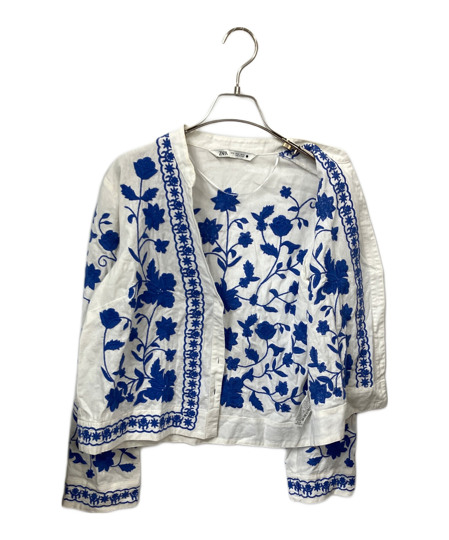 中古・古着通販】ZARA (ザラ) 刺繍入り長袖ブラウス ホワイト×ブルー