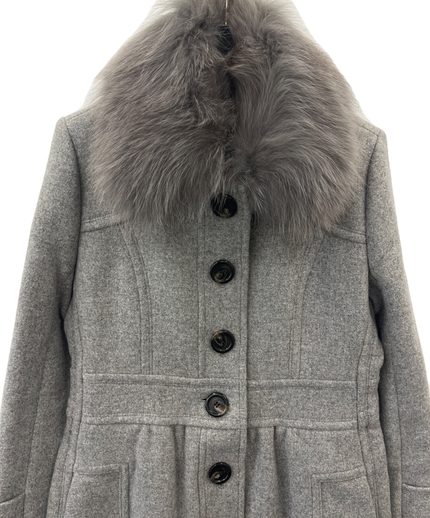 バーバリーロンドン　アンゴラコート　フォックスファー　ベルト　グレー　Mサイズ 中古・古着通販】BURBERRY BLUE LABEL (バーバリーロンドンブルー