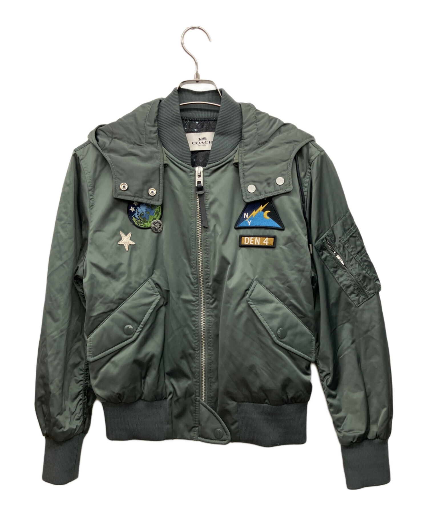 未使用級/L相当　COACH フライトジャケット　襟レザー　カーキ　シグネチャー 未使用級/L相当 COACH フライトジャケット 襟レザー カーキ
