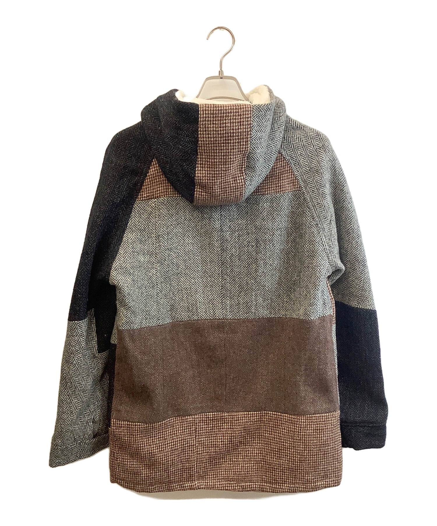 ハリスツイード　パッチワークコート　ヘリンボーン　ウール100 リアルファー　M 中古・古着通販】Harris Tweed (ハリスツイード) パッチワークコート