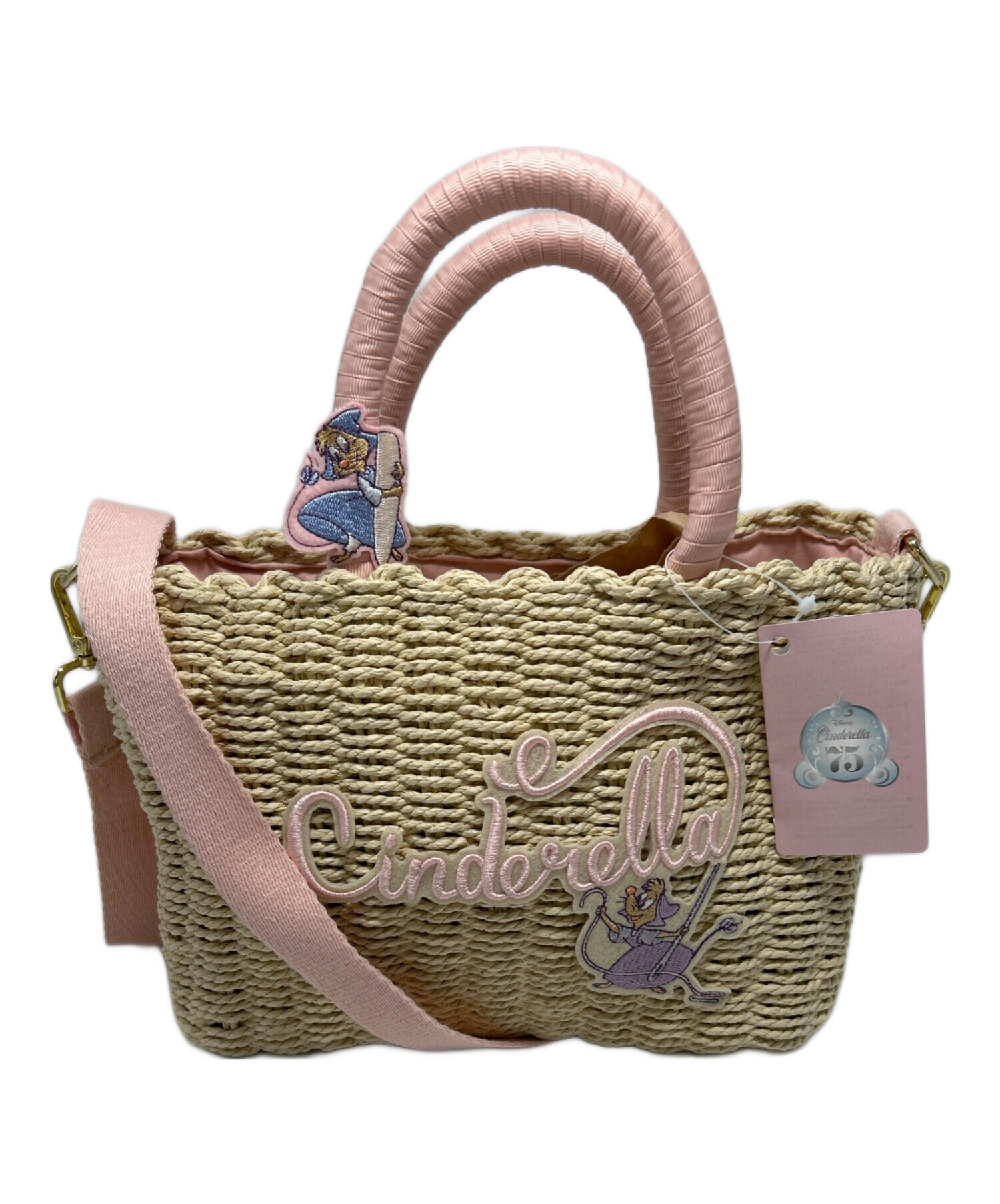 中古・古着通販】DISNEY (ディズニー) カゴバッグ ナチュラル×ピンク