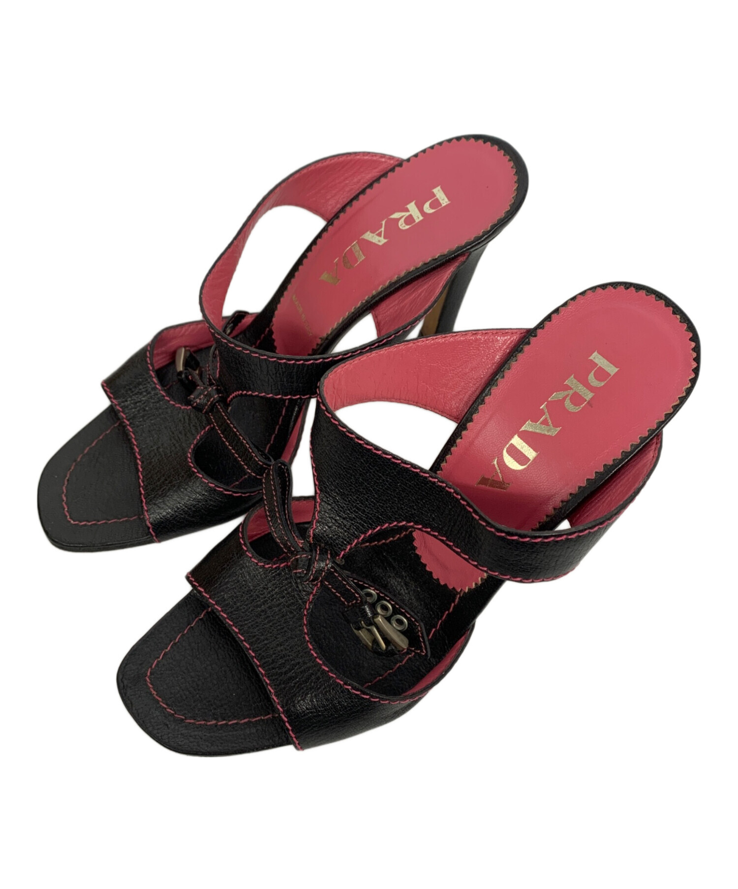中古・古着通販】PRADA (プラダ) ヒールサンダル ブラック×ピンク 