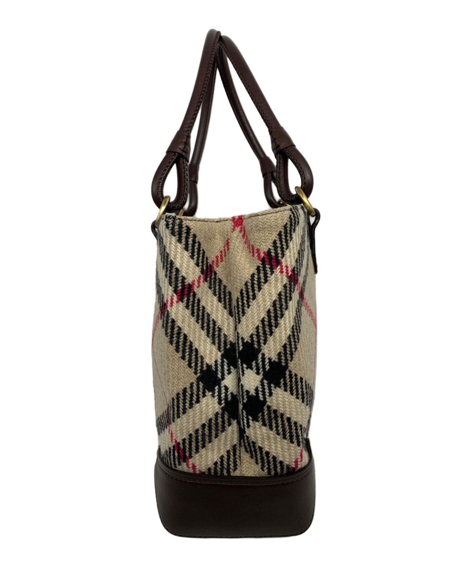 1円 BURBERRY バーバリー ウール×レザー チェック柄 ハンドバッグ 