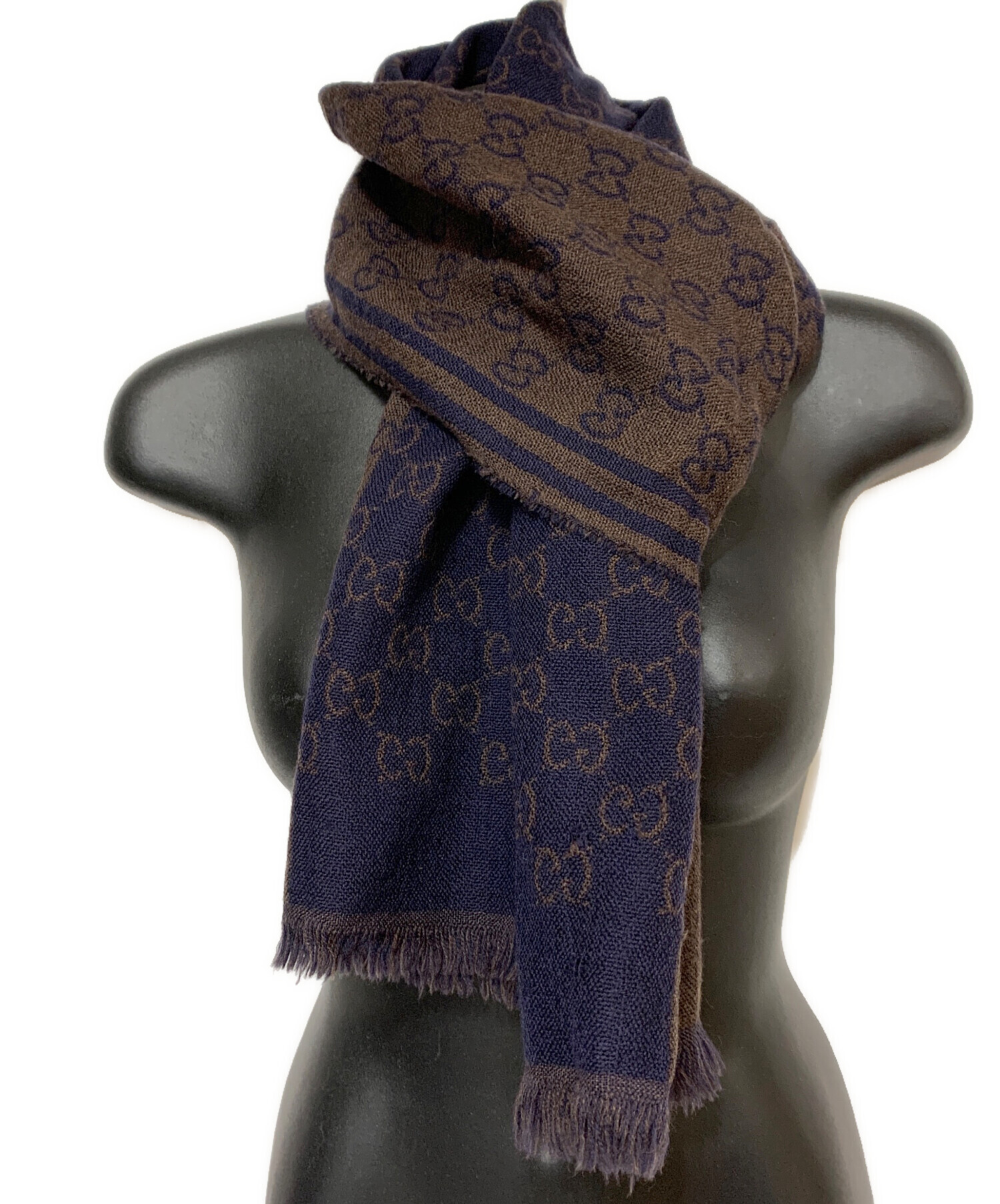 中古・古着通販】GUCCI (グッチ) GG ウールマフラー ネイビー×ブラウン
