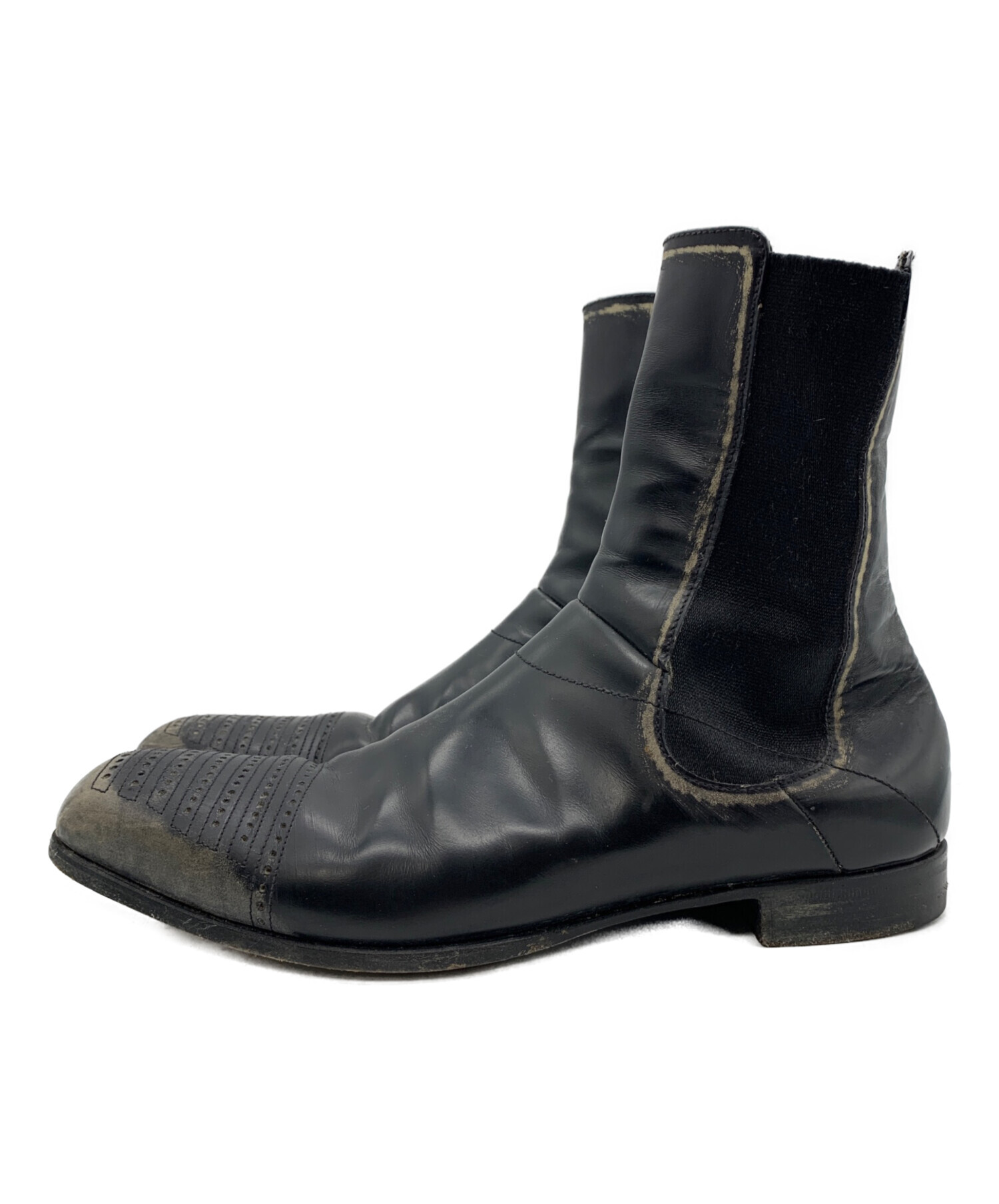 未使用級 PRADA プラダ サイドゴア レザー ショートブーツ 6 ブラック 中古・古着通販】PRADA (プラダ) ダメージ加工サイドゴアブーツ