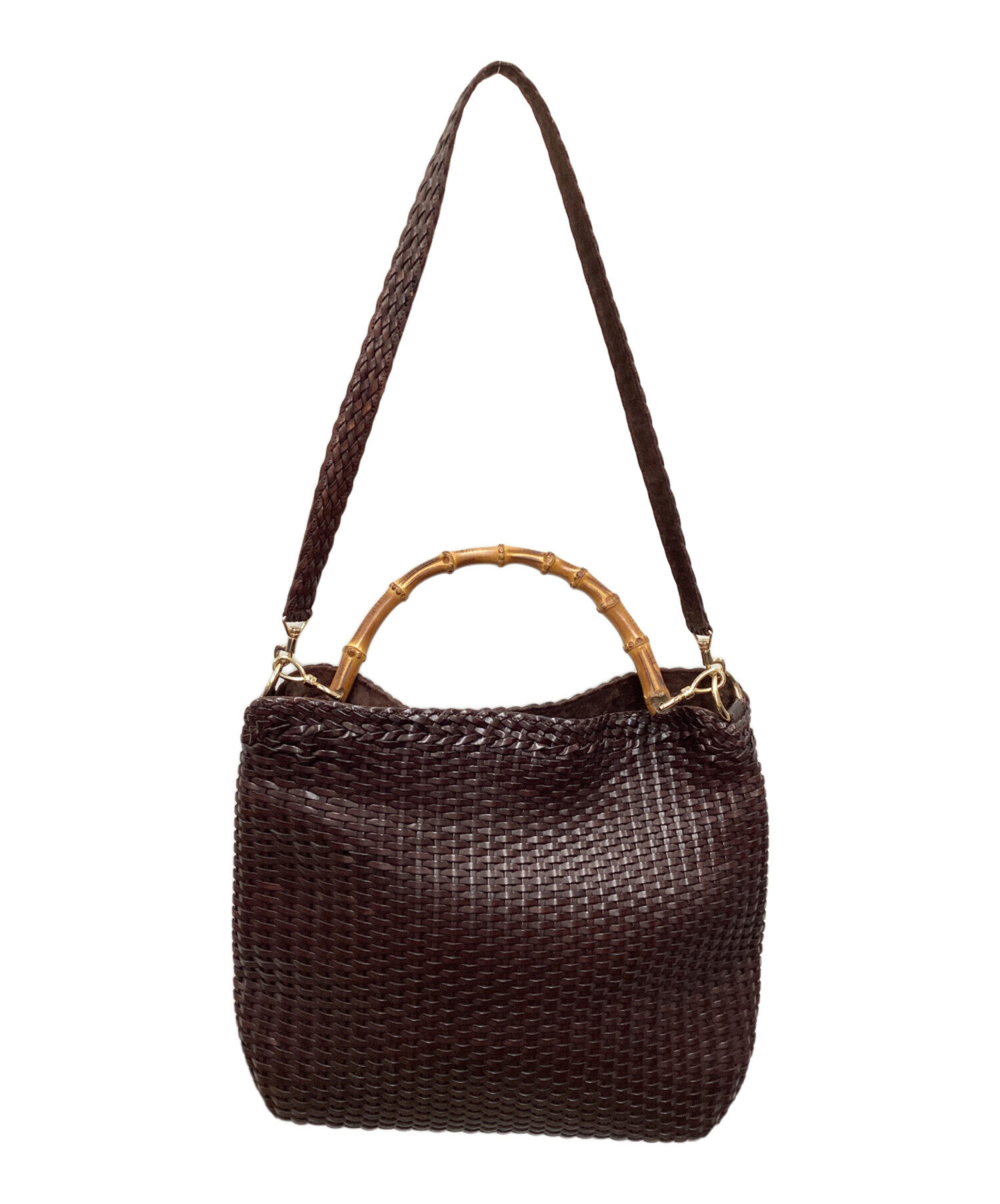 中古・古着通販】GUCCI (グッチ) 編み込みレザー2WAYバッグ ブラウン