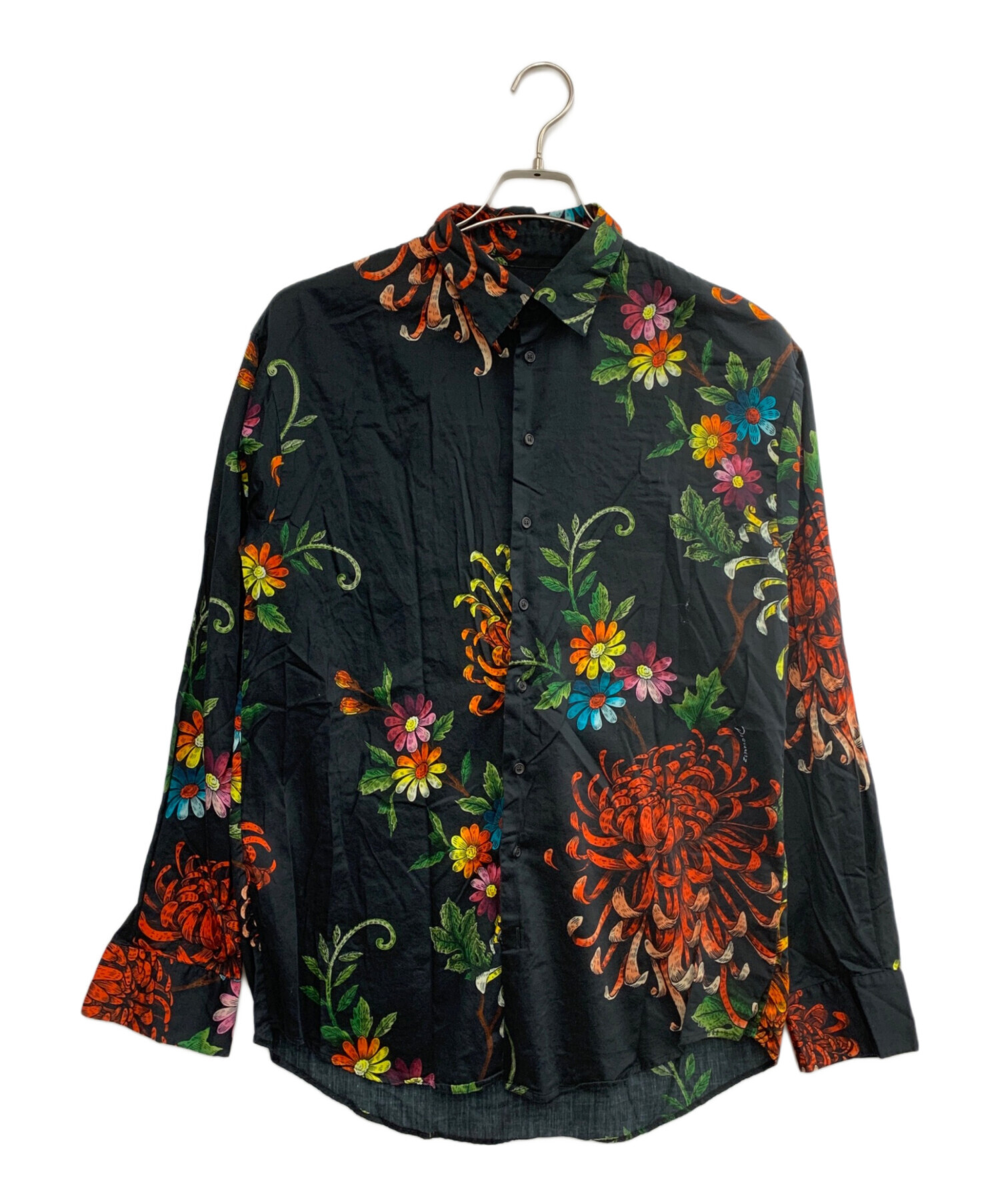 DSQUARED2 花柄 長袖シャツ 46 黒色 オレンジ 白色 イタリア製