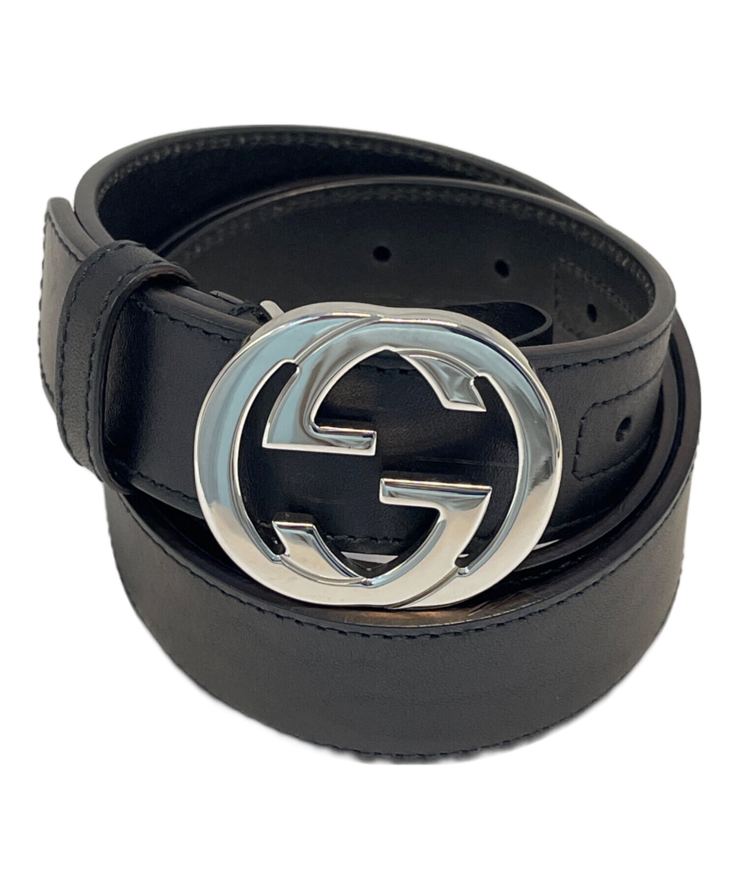 本物 グッチ GUCCI インターロッキングG ベルト レザー メタル ブラック シルバー金具 114874 服飾小物 中古 GUCCI - 本物 グッチ GUCCI インターロッキングG ベルト レザー メタル