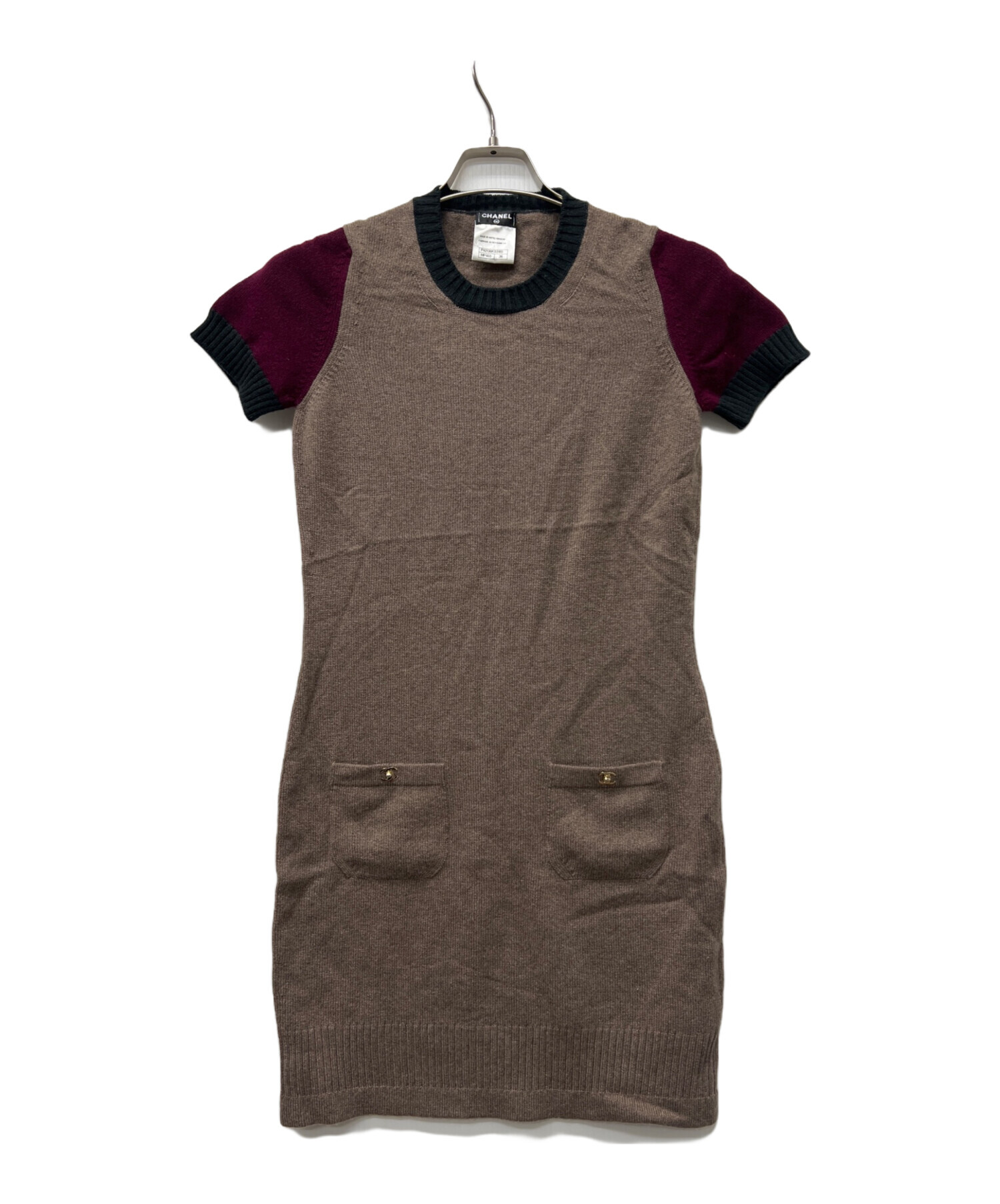 中古・古着通販】CHANEL (シャネル) 半袖ワンピース ベージュ×レッド