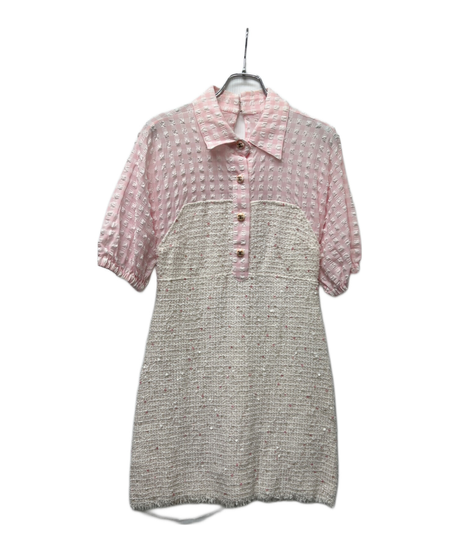 中古・古着通販】CHANEL (シャネル) 半袖ワンピース ピンク×ホワイト 