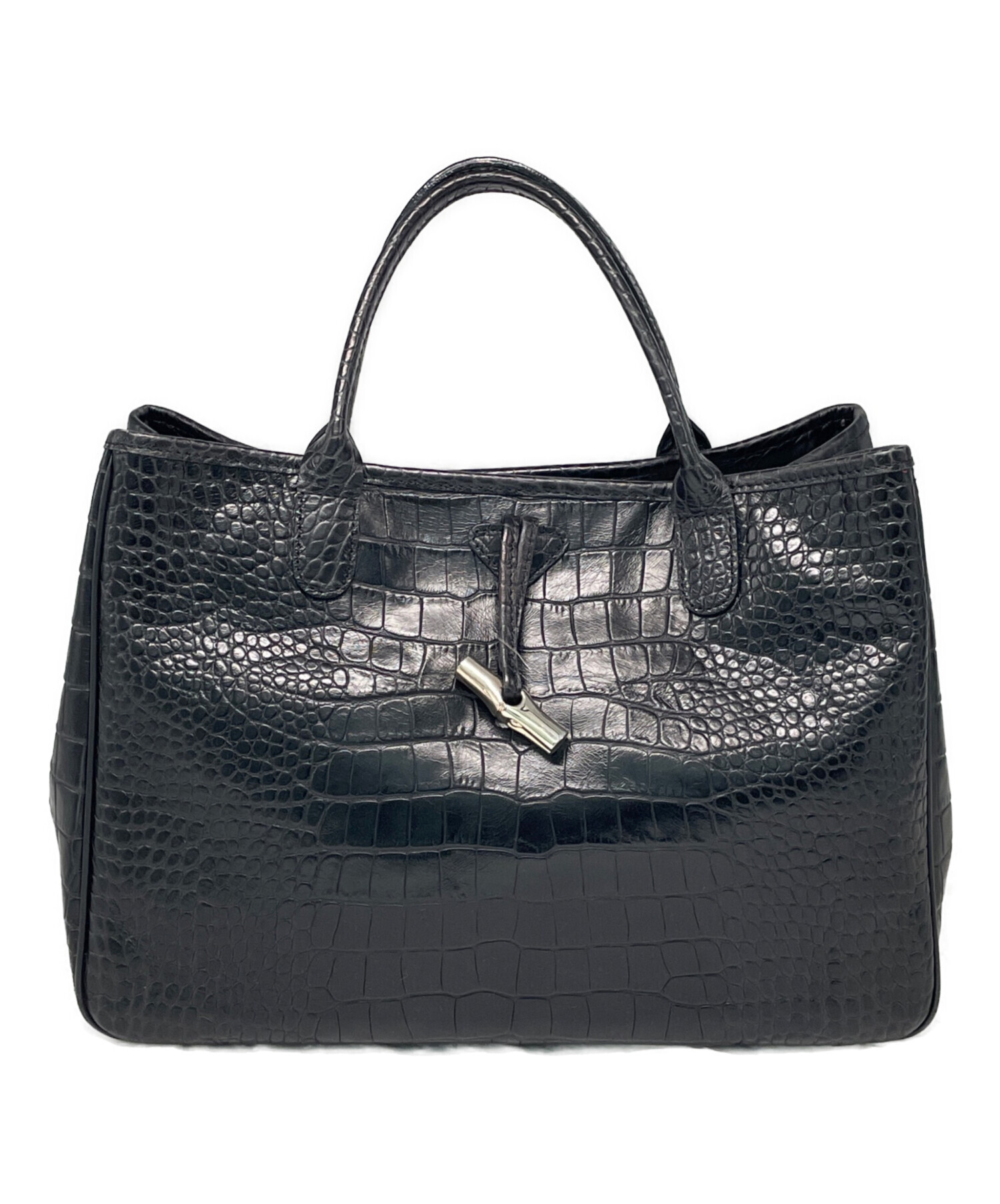 ✨LONGCHAMP ロンシャン　ハンドバッグ　クロコ型押し　レザー　黒 中古・古着通販】LONGCHAMP (ロンシャン) クロコ型押しレザー
