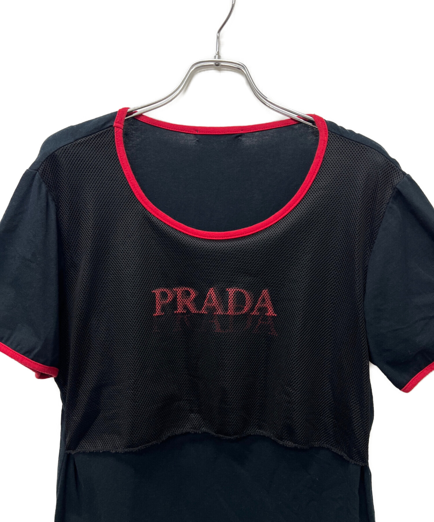 中古・古着通販】PRADA (プラダ) 切替メッシュTシャツ ブラック×レッド