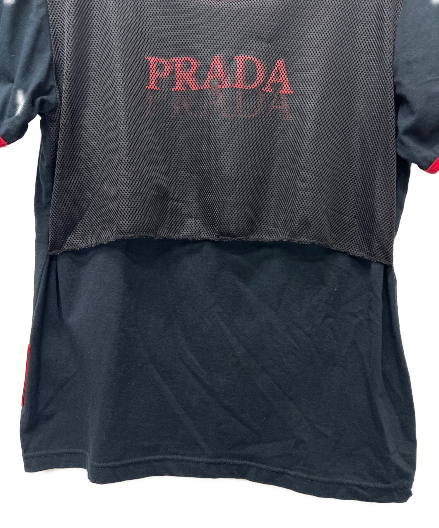中古・古着通販】PRADA (プラダ) 切替メッシュTシャツ ブラック×レッド