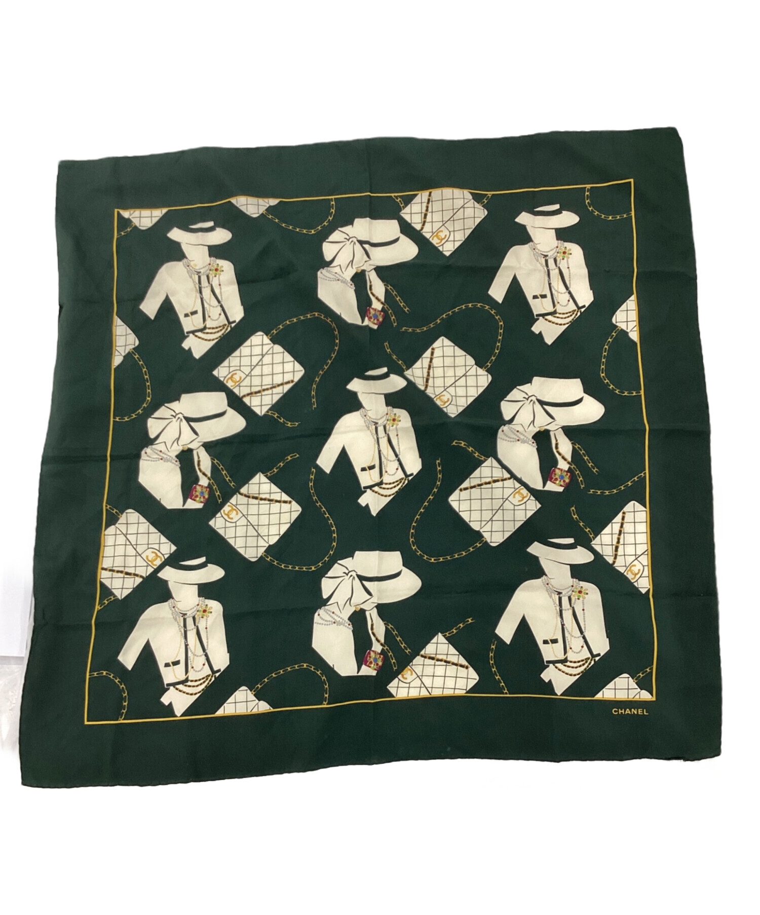 美品　シャネル シルク　カーキ　総柄　スカーフ　ストール　手縫い　ヴィンテージ 中古・古着通販】CHANEL (シャネル) シルクスカーフ グリーン