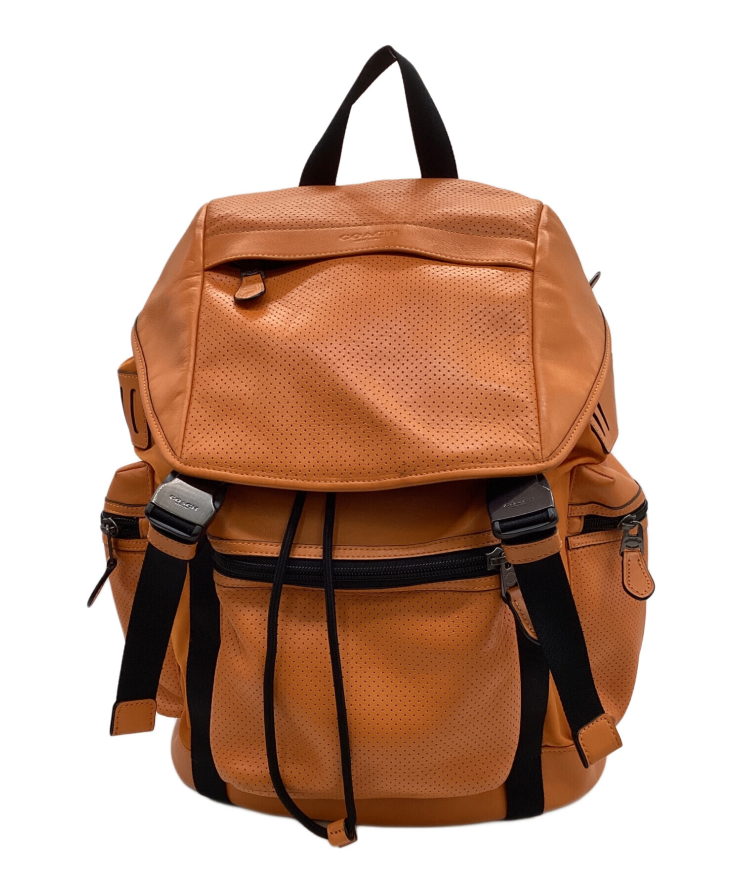 中古・古着通販】COACH (コーチ) レザーリュック オレンジ×ブラック 