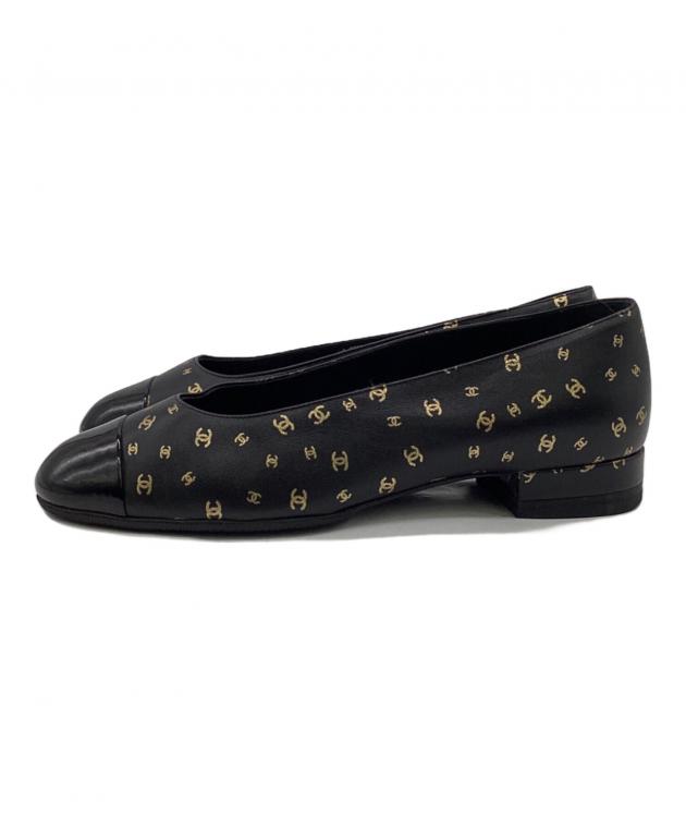 CHANEL パンプス　BLACK 37サイズ 中古・古着通販】CHANEL (シャネル) バレエパンプス ブラック×ゴールド