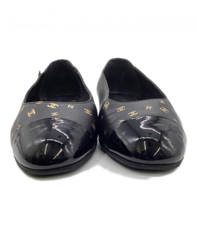 CHANEL パンプス　BLACK 37サイズ 中古・古着通販】CHANEL (シャネル) バレエパンプス ブラック×ゴールド
