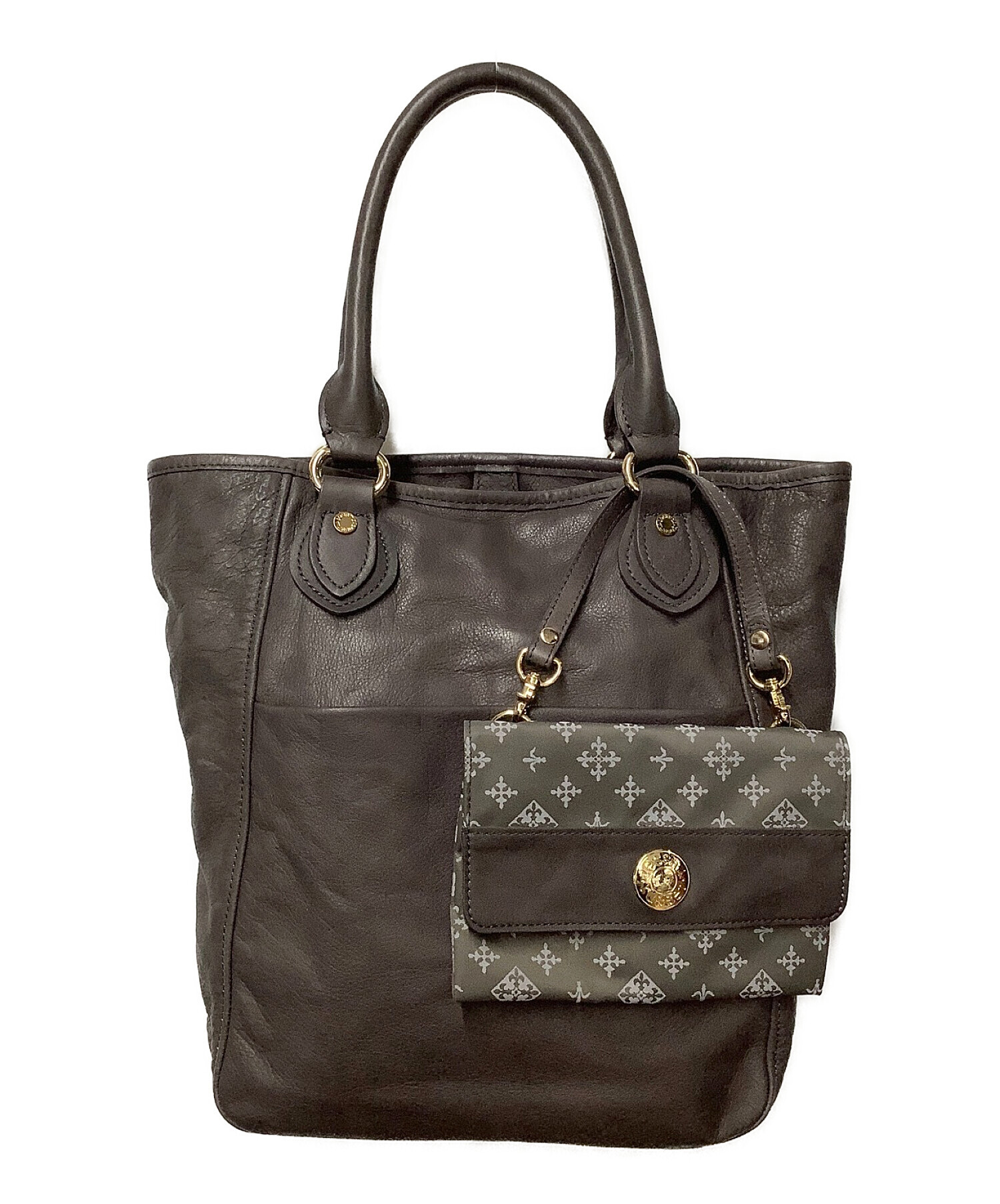 russet ラシット 総柄ナイロン×本革 レザー ラージトートバッグ グレー 中古・古着通販】russet (ラシット) レザートートバッグ グレー