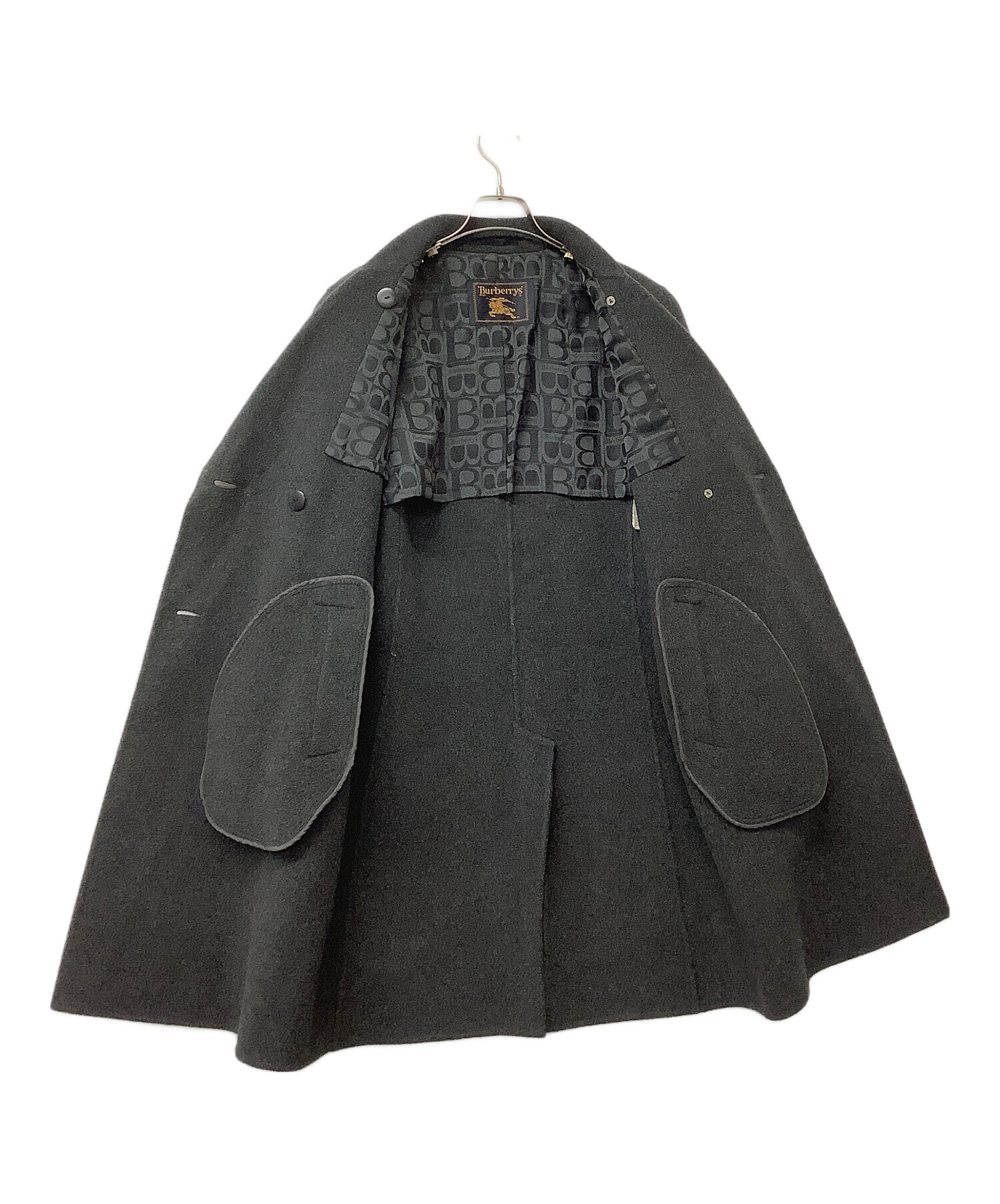 美品◆バーバリー ウール ケープ コート 銀ボタン ノバチェック◇ネイビー 38 美品◇バーバリー ウール ケープ コート 銀ボタン ノバチェック