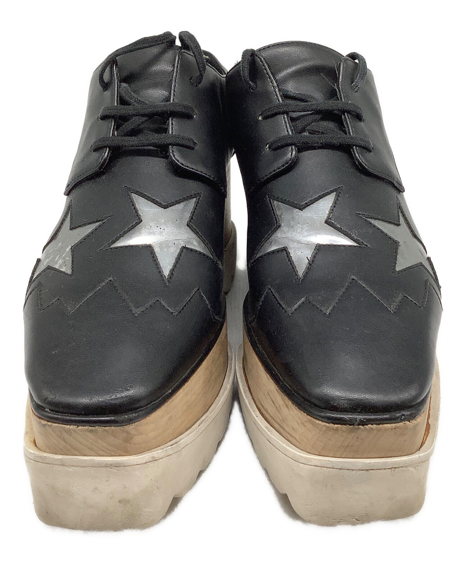 ステラマッカートニー　オールブラック 厚底レザーシューズ 星型装飾35 ステラマッカートニーオールブラック 厚底レザーシューズ 星型装飾35