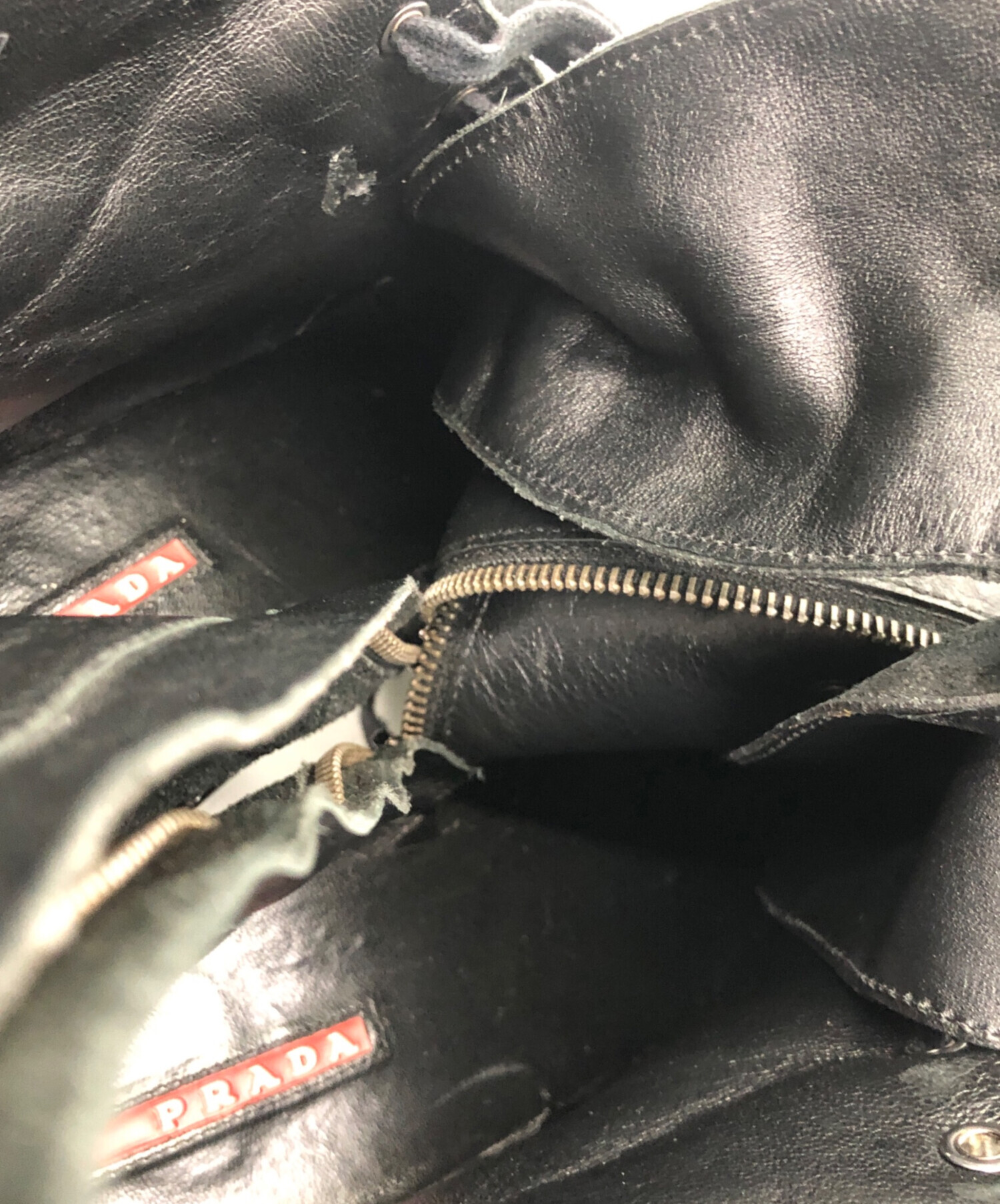 PRADA ブラック ヒールブーツ 新作*PRADA*ロゴ入レザー&ナイロンミドルブーツ 8.5cmヒール (PRADA