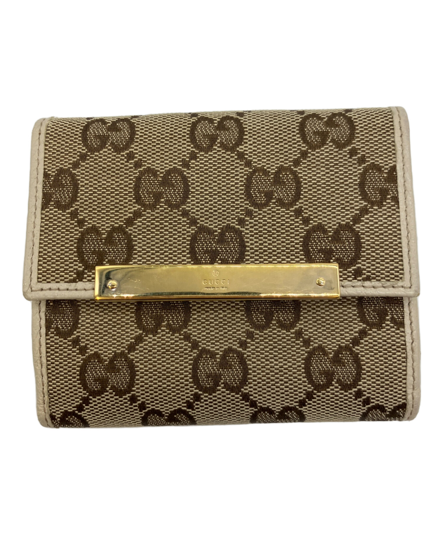 【中古】GUCCI ベージュ レザー 二つ折り財布 中古・古着通販】GUCCI (グッチ) 2つ折り財布 アイボリー×ベージュ