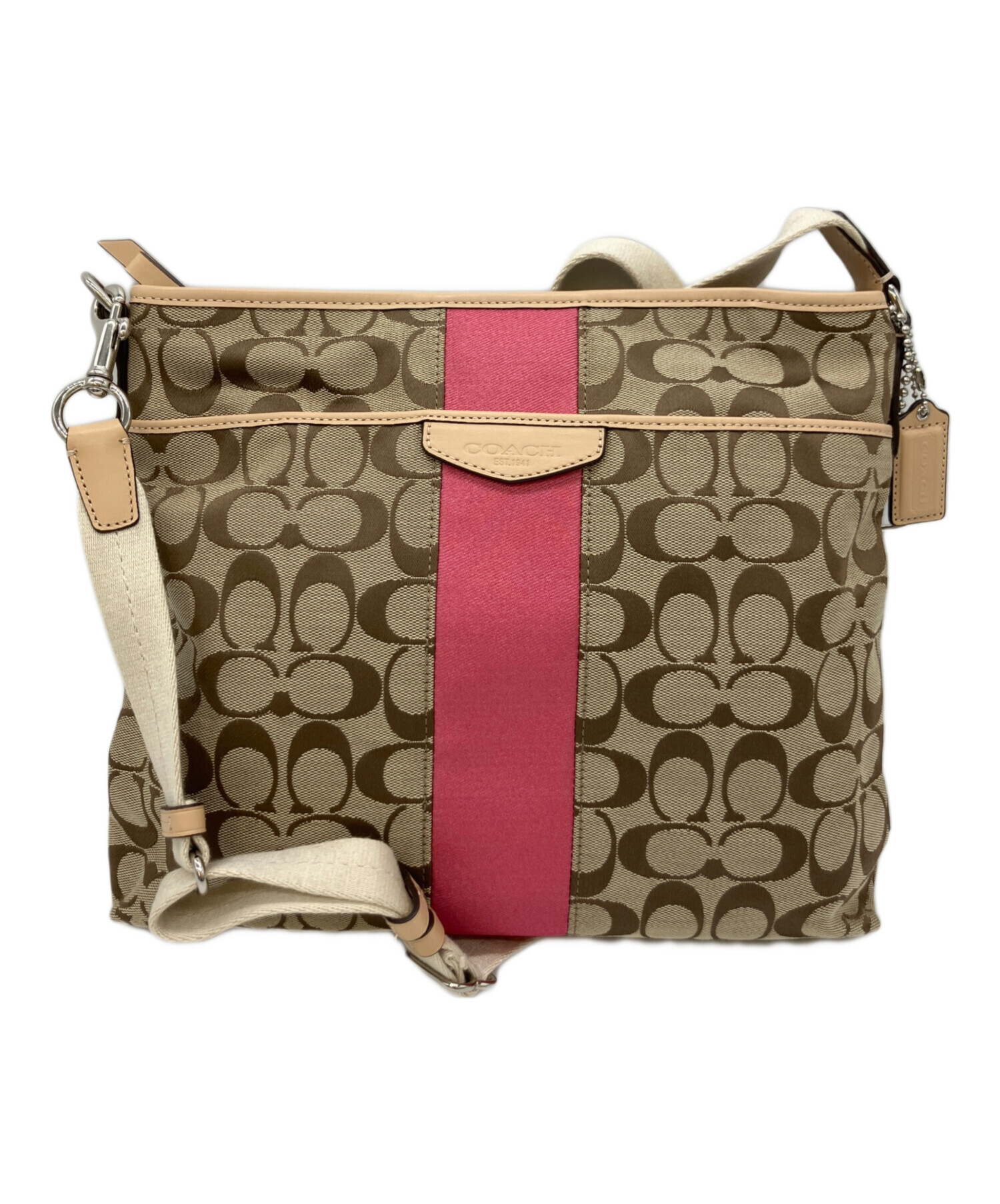 COACH コーチ シグネチャー柄 ショルダーバッグ ピンク ベージュ11905 中古・古着通販】COACH (コーチ) ショルダーバッグ ベージュ×ピンク