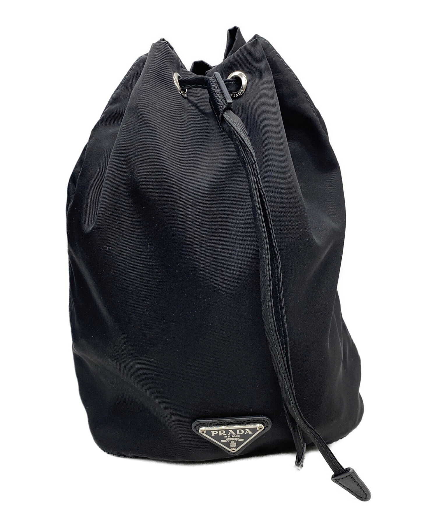 PRADA ナイロン 巾着ポーチ ブラック 中古・古着通販】PRADA (プラダ) ナイロン巾着ポーチ ブラック