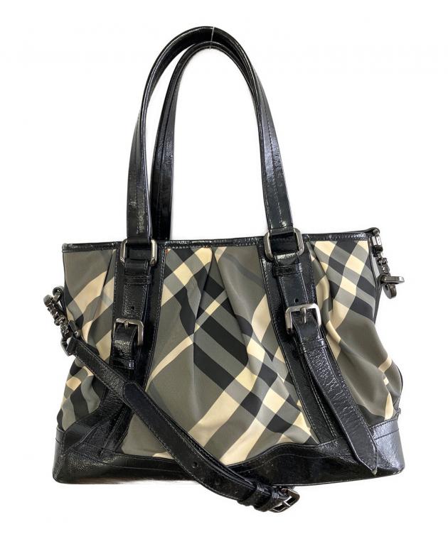 バーバリー ハンドバッグ BURBERRY 中古・古着通販】BURBERRY (バーバリー) ハンドバッグ ブラック×グレー