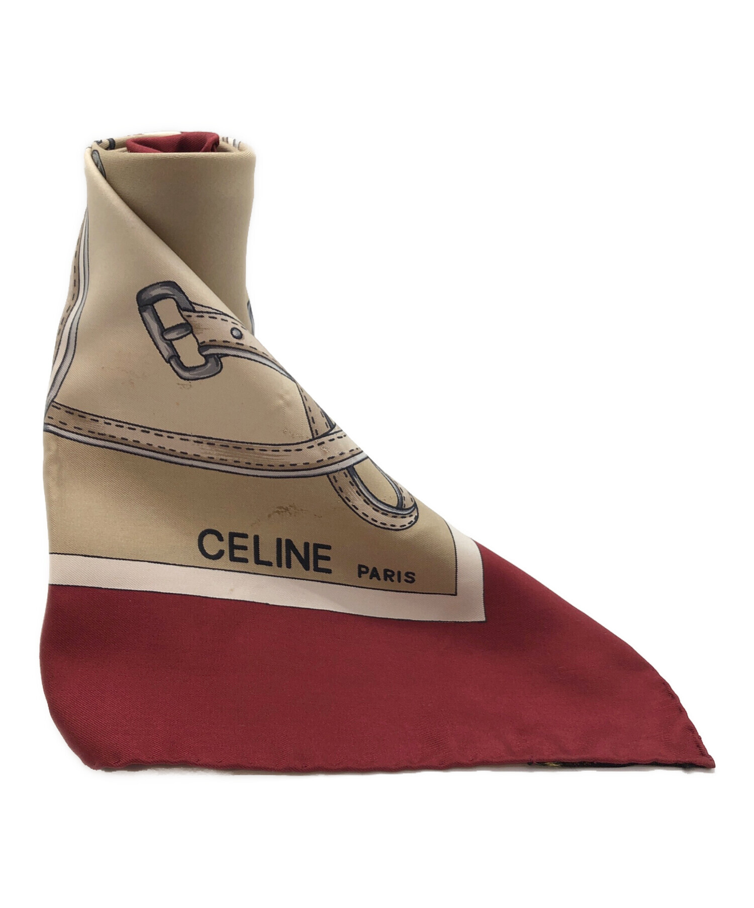 CELINE コンパスデザイン シルク　スカーフ 中古・古着通販】CELINE (セリーヌ) シルクスカーフ ベージュ×レッド