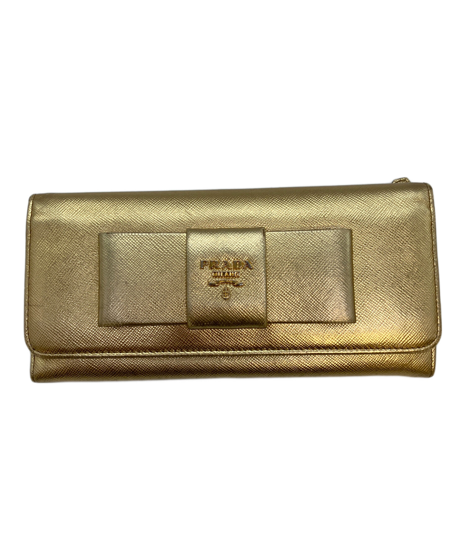 中古PRADA プラダ長財布　ゴールドメタリック 中古・古着通販】PRADA (プラダ) サフィアーノレザー リボン付き長財布