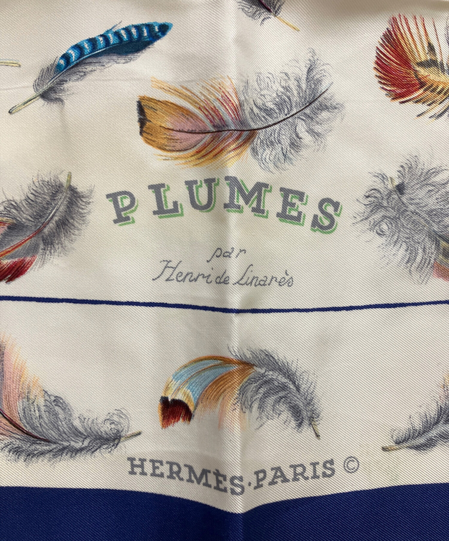 HERMES カレ90　PLUMES 羽根 プリュム　ネイビー 中古・古着通販】HERMES (エルメス) カレ90 PLUMES par Henri de