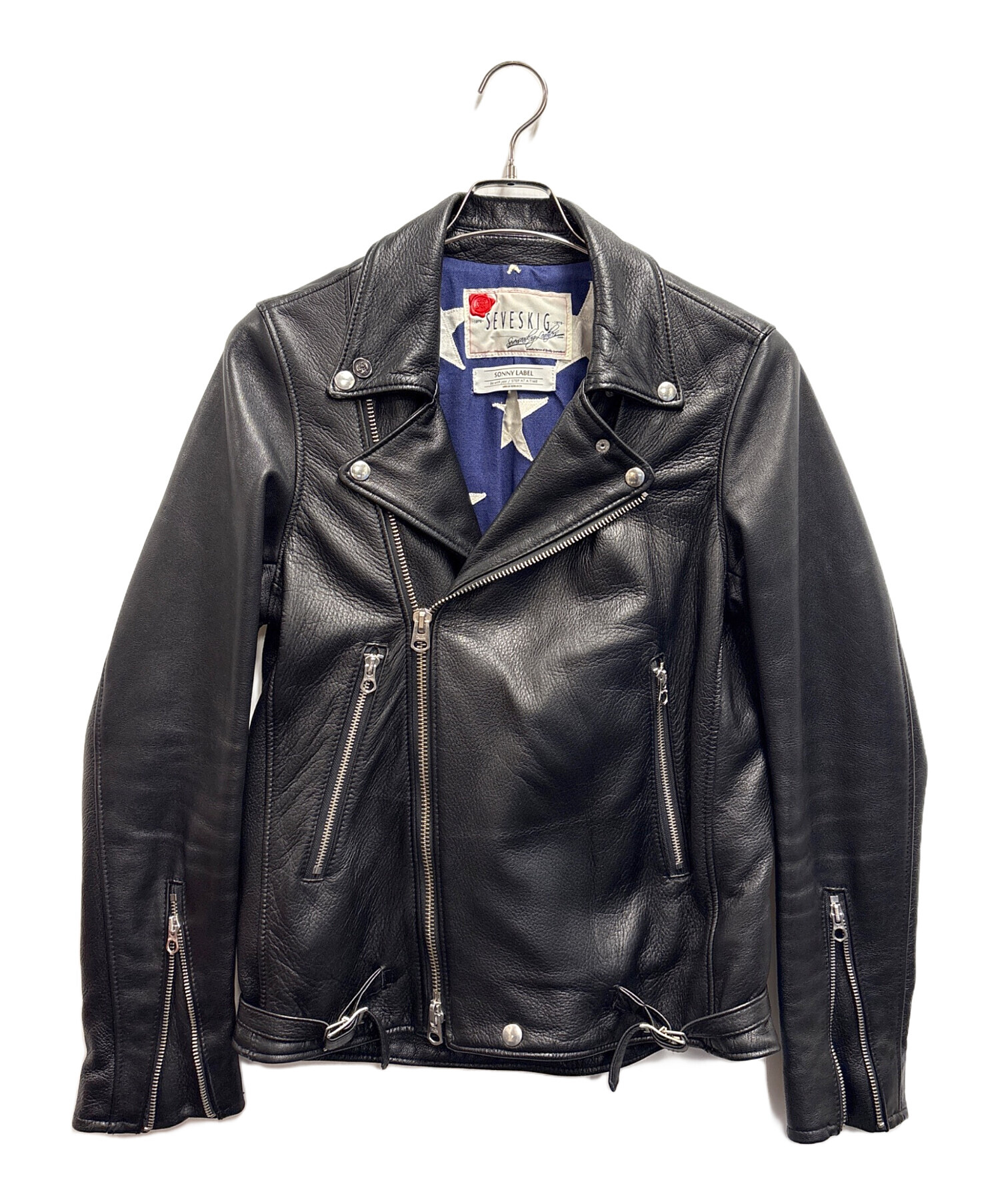 seveskig ダブルライダースジャケット ブラック Mサイズ 中古・古着通販】SEVESKIG (セヴシグ) ダブルライダースジャケット