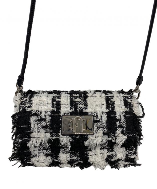 FURLA ツイードハンドバッグ ブラック/ホワイト 中古・古着通販】FURLA (フルラ) ツイードミニショルダーバッグ