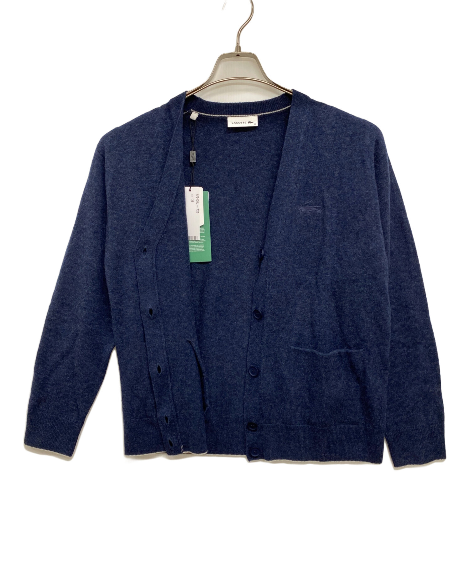 極美品 2回着用 LACOSTE ラコステ カーディガン 紺 4 綿100 LACOSTE ラコステ ワンポイントロゴ カーディガン メンズL相当 古着