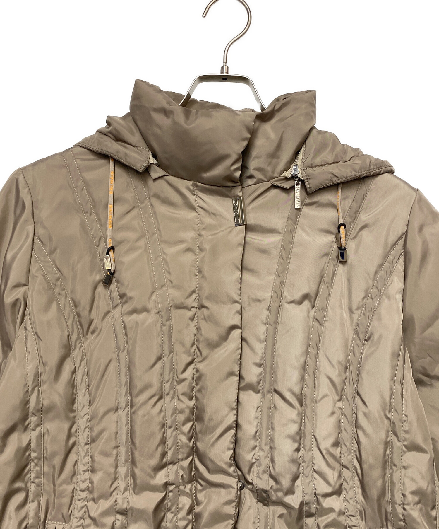 BALMAIN ベージュ バルマン ロングダウンコート ブルーフォックス