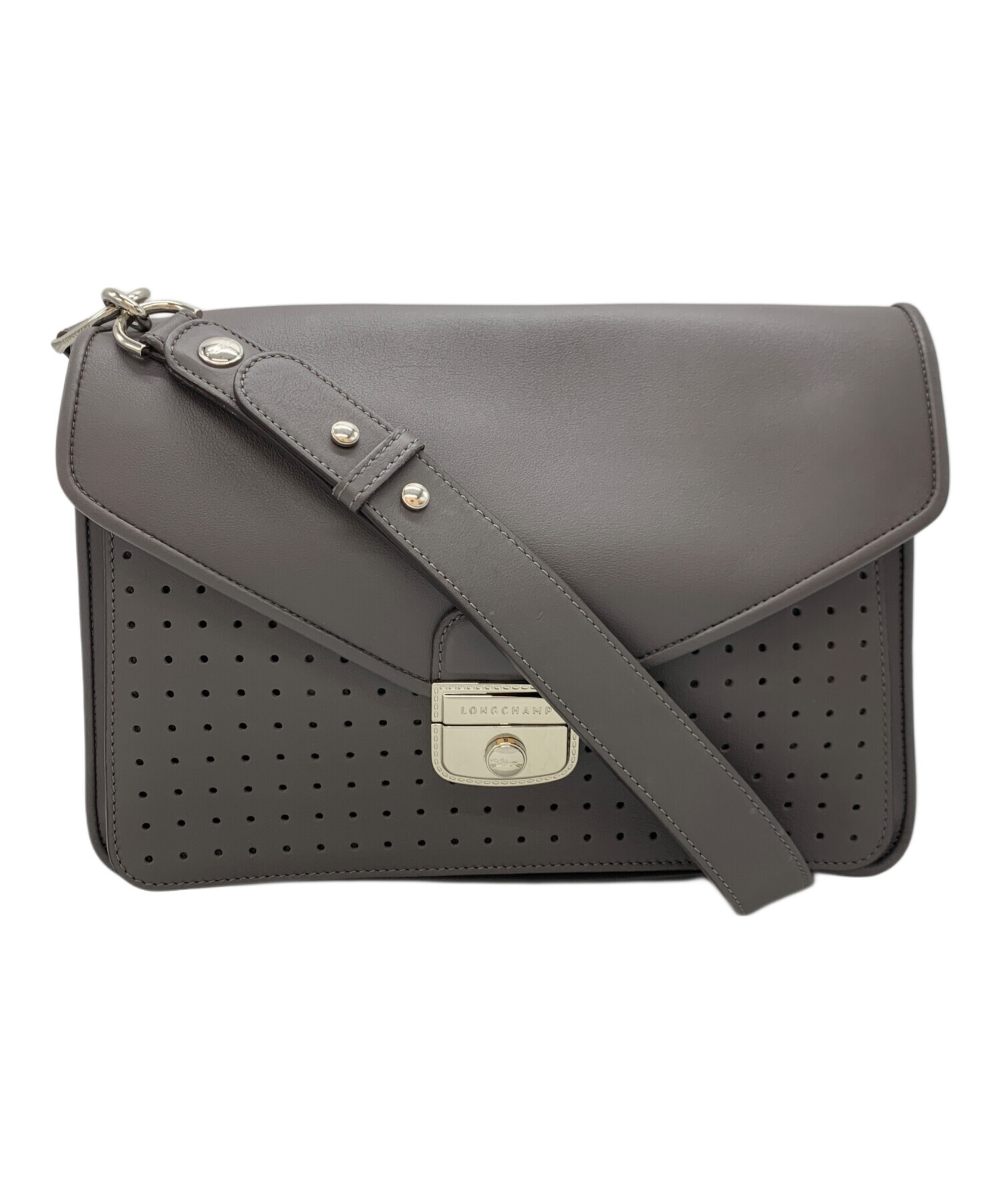 LONGCHAMP ショルダーバッグ グレー 中古・古着通販】LONGCHAMP (ロンシャン) レザーショルダーバッグ